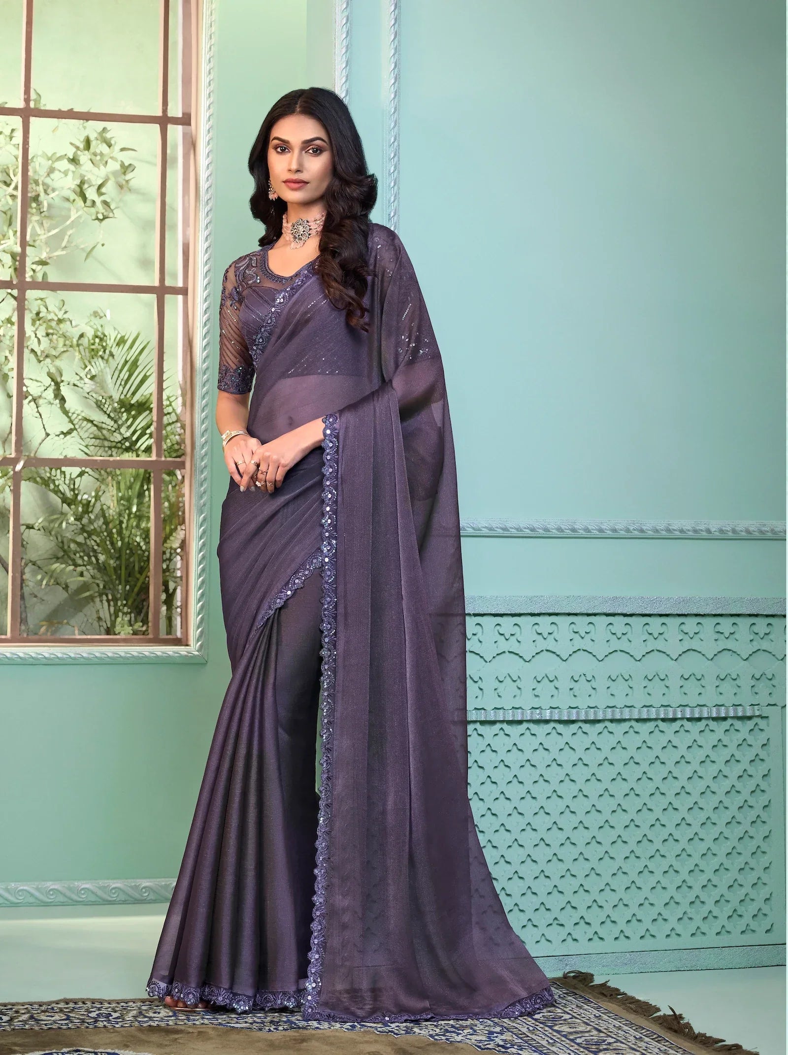 Dusty Purple Crystal Georgette Party Wear Saree With Sequence & Thread Embroidery Work - qivii