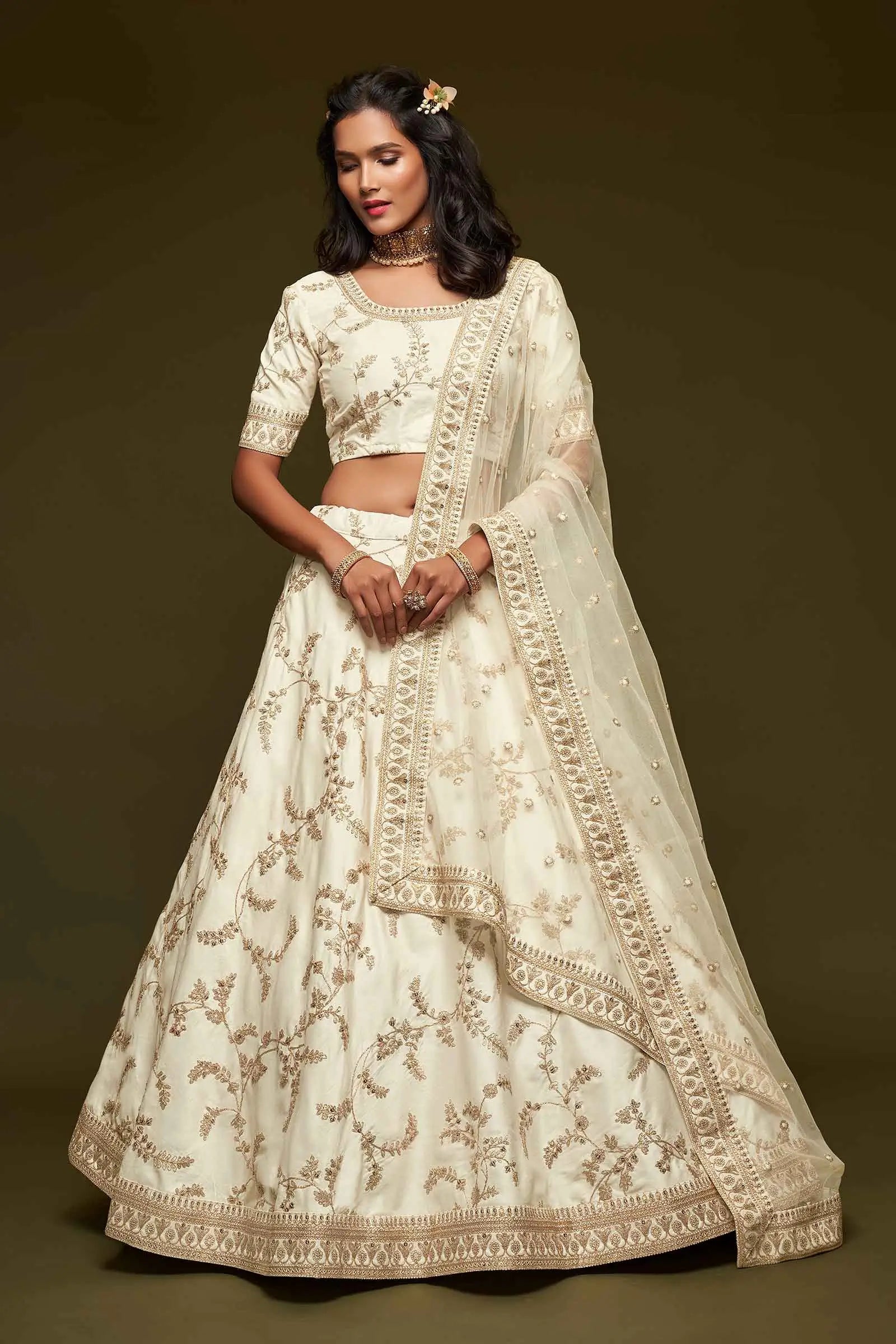 White Silk Lehenga Choli With Thread Zari Dori And Sequins Embroidery Work | Ready To Wear - qivii