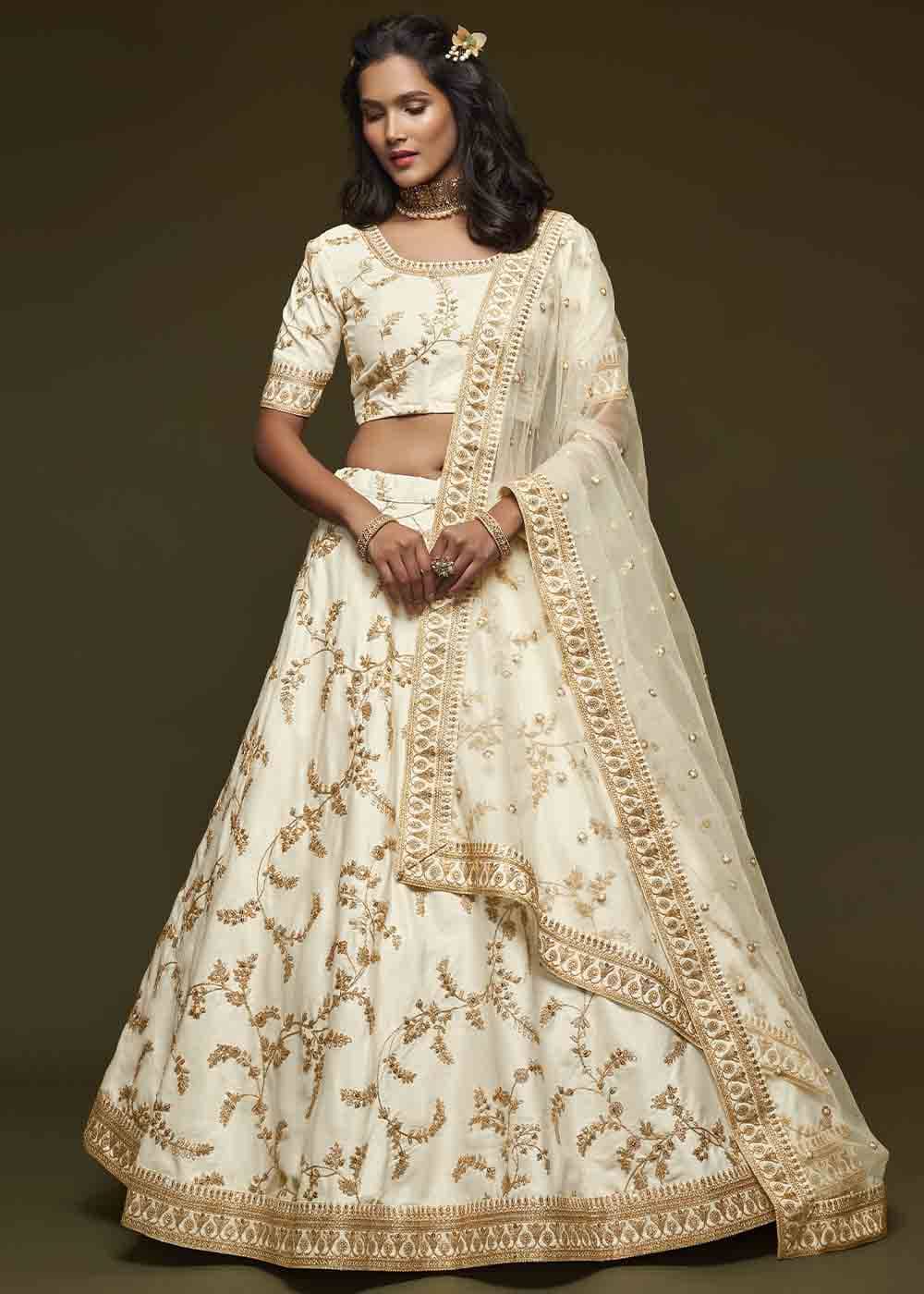 Pearl White Silk Lehenga Choli with Thread,Zari,Dori & Sequins work | Ready To Wear - qivii