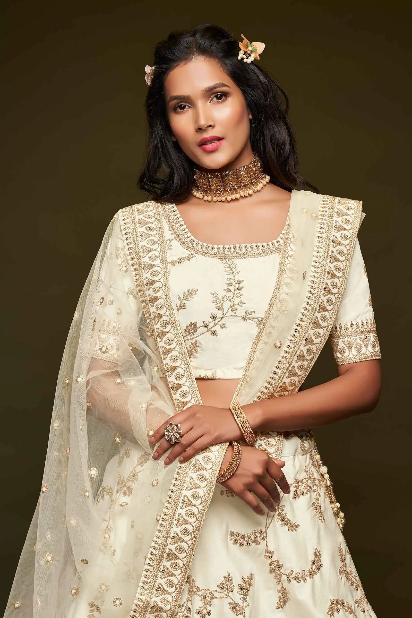 White Silk Lehenga Choli With Thread Zari Dori And Sequins Embroidery Work | Ready To Wear - qivii