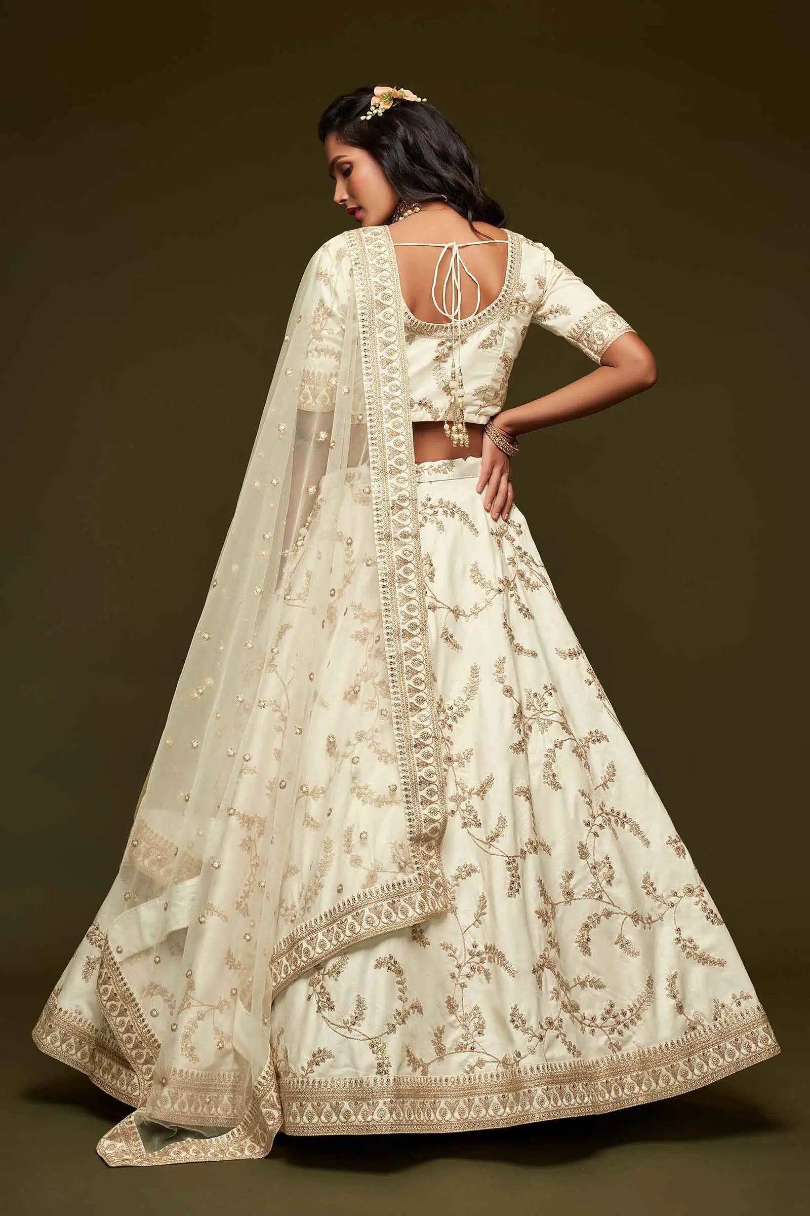 White Silk Lehenga Choli With Thread Zari Dori And Sequins Embroidery Work | Ready To Wear - qivii