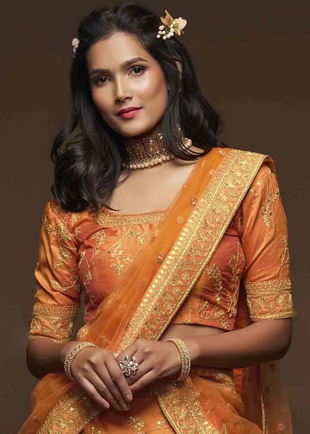 Pumpkin Orange Silk Lehenga Choli with Thread,Zari,Dori & Sequins work | Ready To Wear - qivii