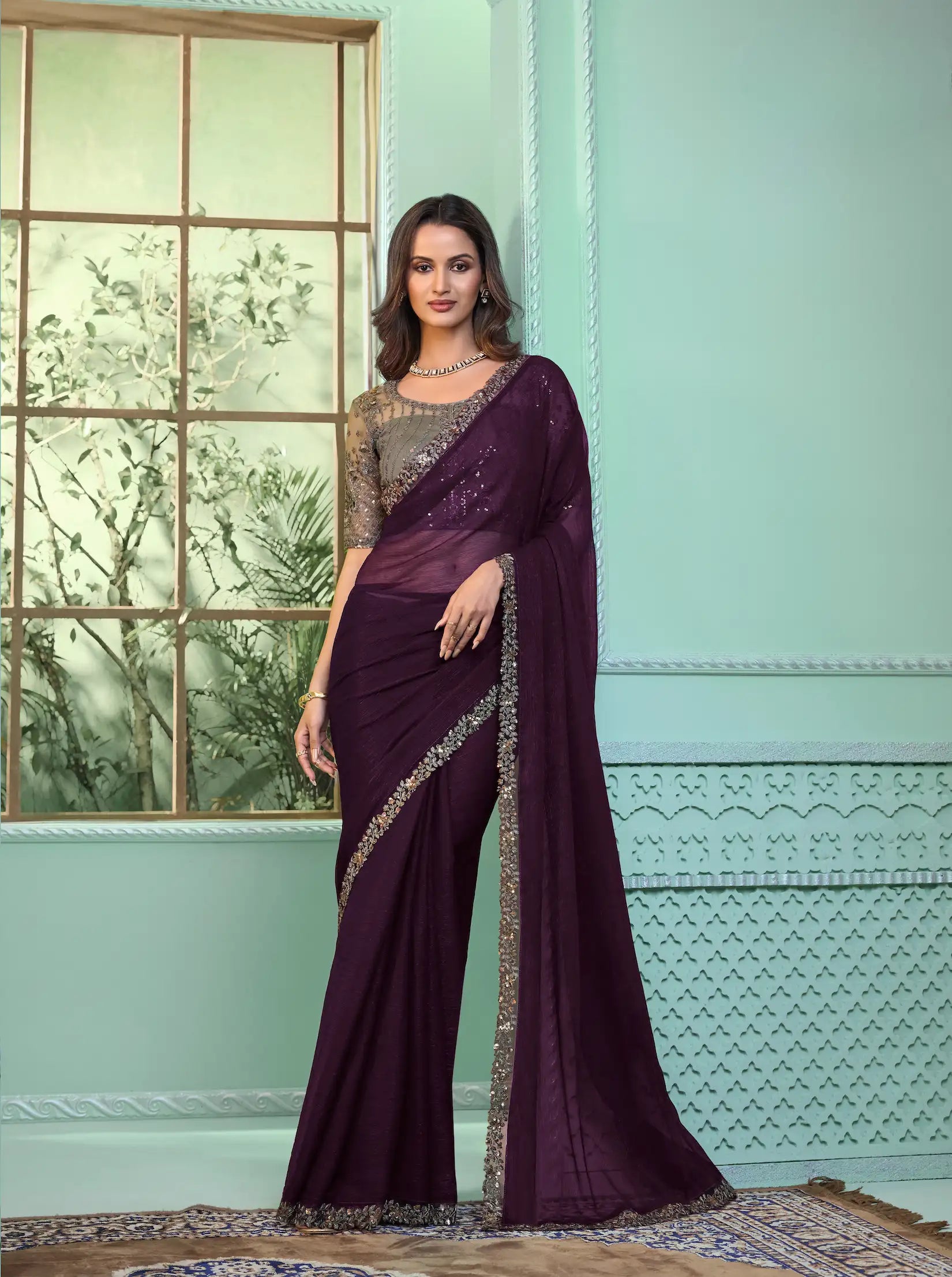 Wine Chiffon Party Wear Saree With Sequence & Thread Embroidery Work - qivii