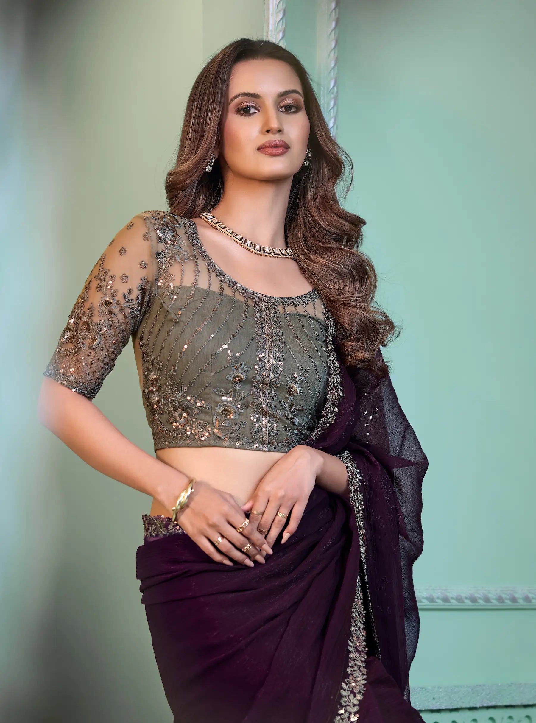 Wine Chiffon Party Wear Saree With Sequence & Thread Embroidery Work - qivii