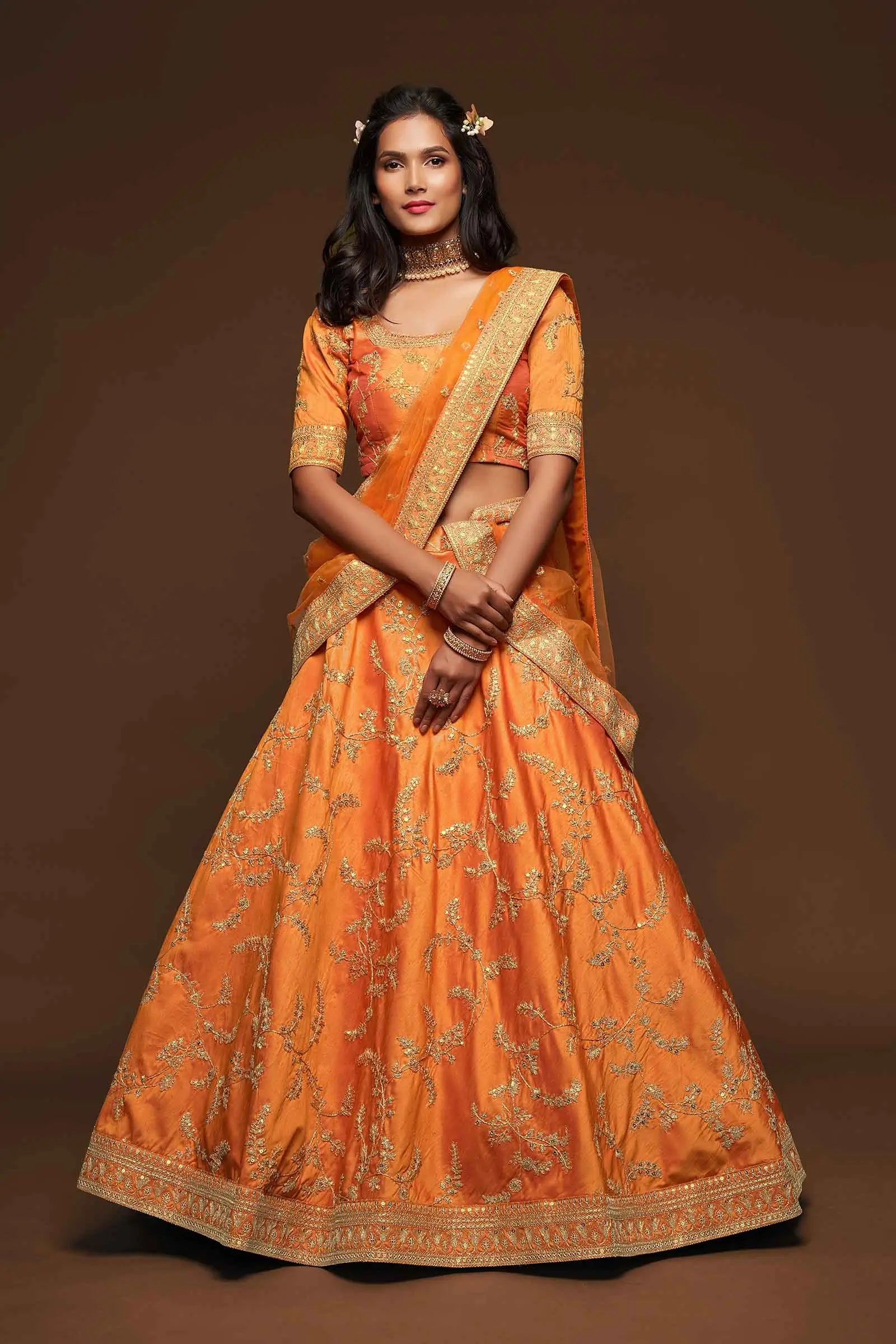 Neon Silk Lehenga Choli With Thread Zari Dori And Sequins Embroidery Work - qivii
