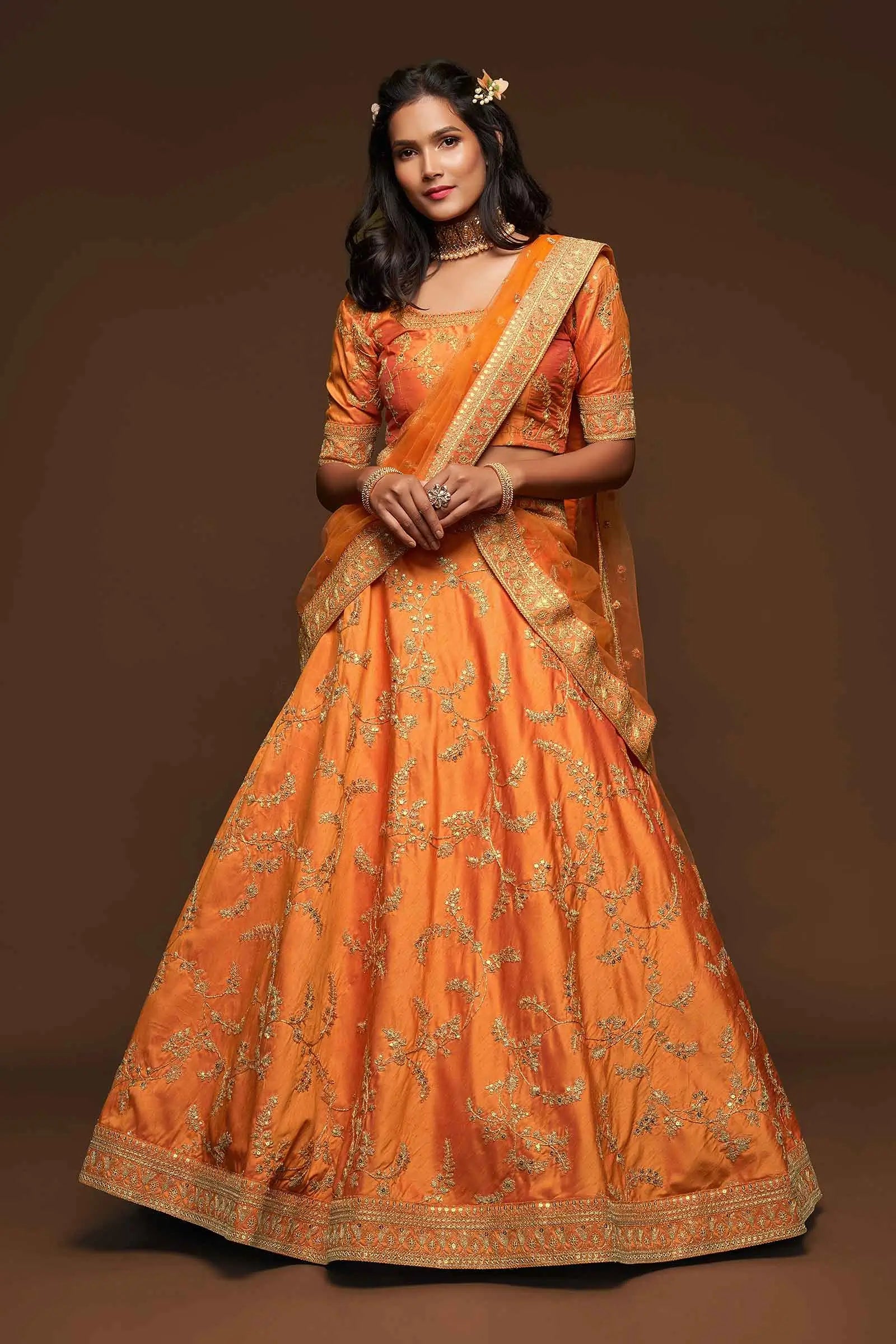 Neon Silk Lehenga Choli With Thread Zari Dori And Sequins Embroidery Work - qivii