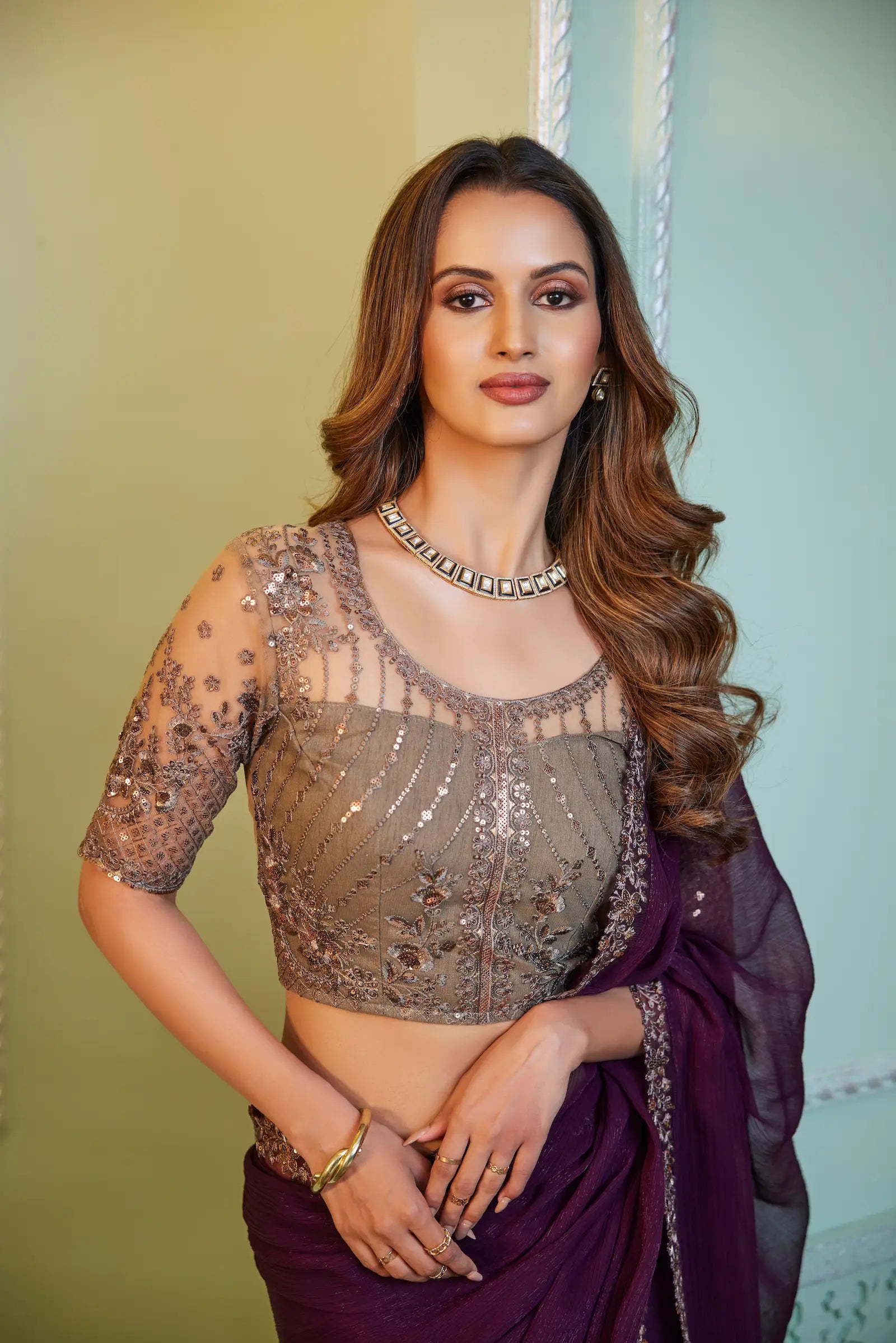 Wine Chiffon Party Wear Saree With Sequence & Thread Embroidery Work - qivii