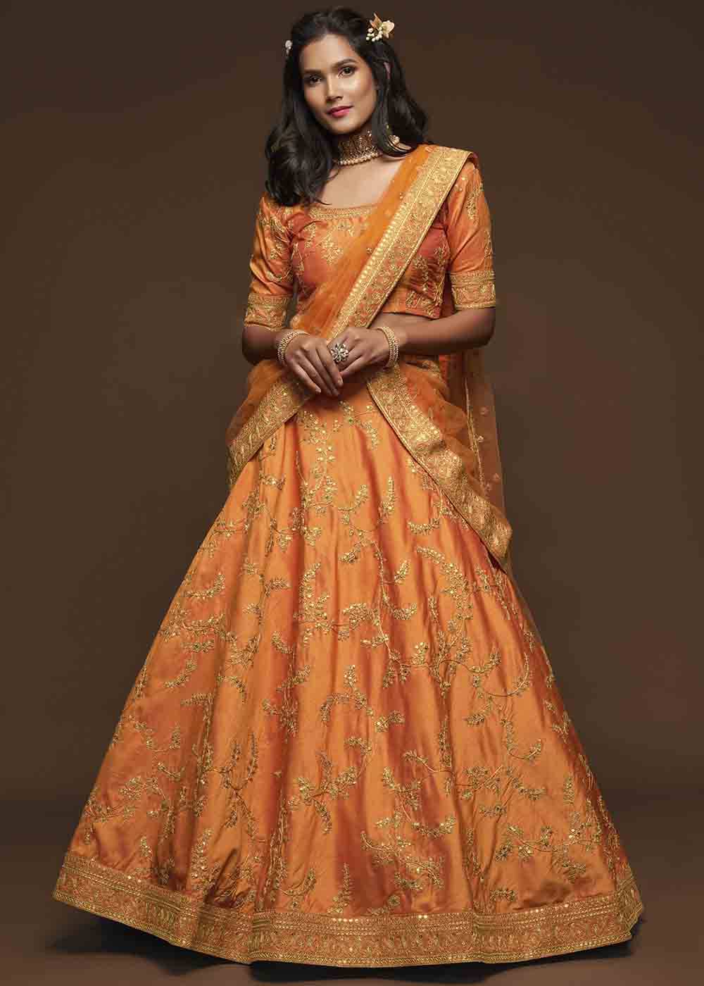 Pumpkin Orange Silk Lehenga Choli with Thread,Zari,Dori & Sequins work | Ready To Wear - qivii