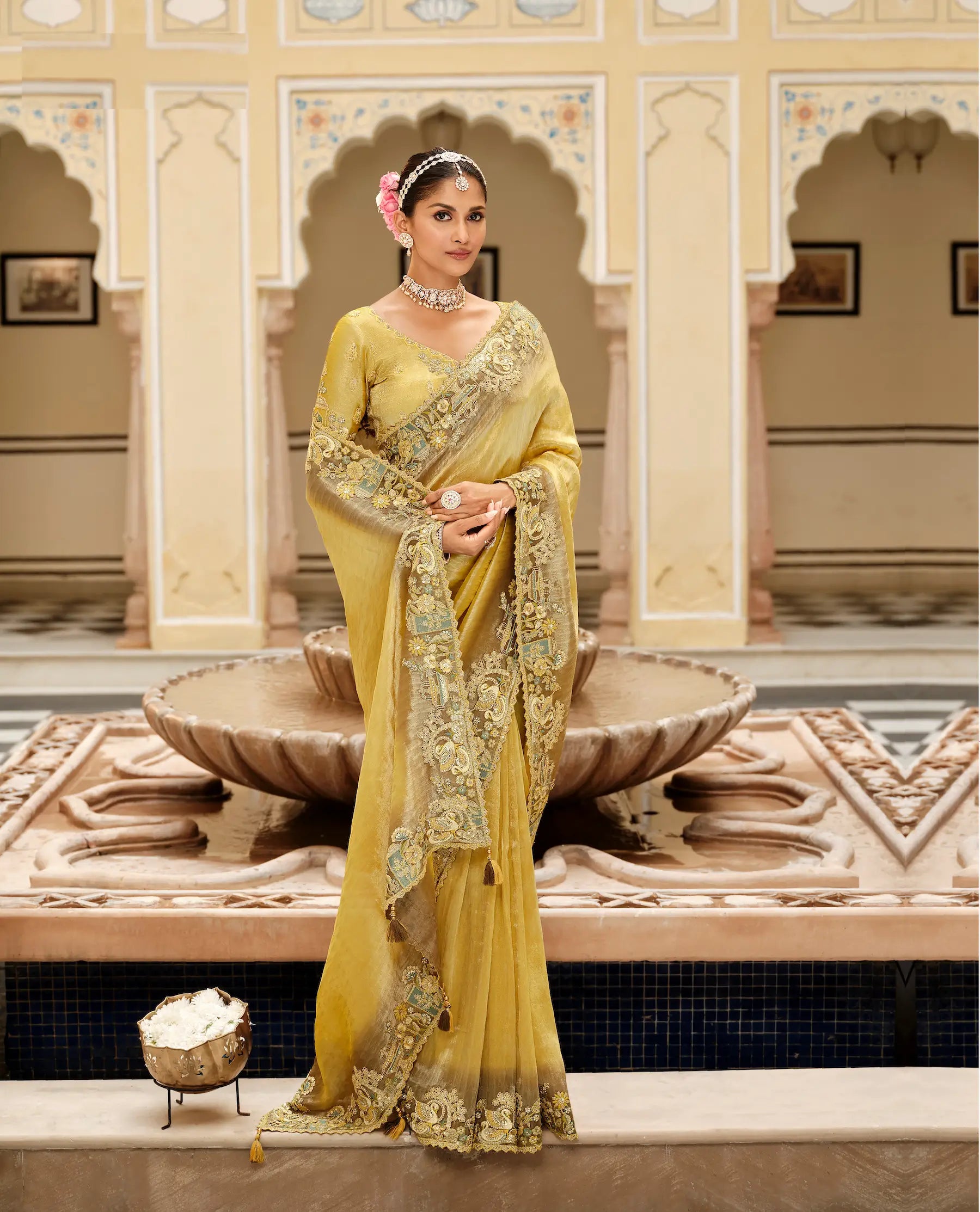 Ginger Yellow Jacquard Silk Embroidery & Hand Work Saree - qivii