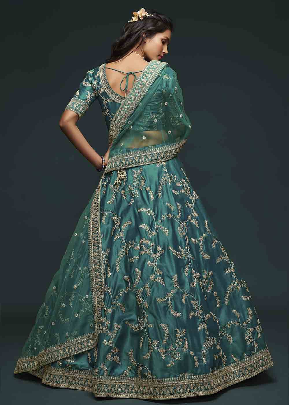Teal Green Silk Lehenga Choli with Thread,Zari,Dori & Sequins work | Ready To Wear - qivii
