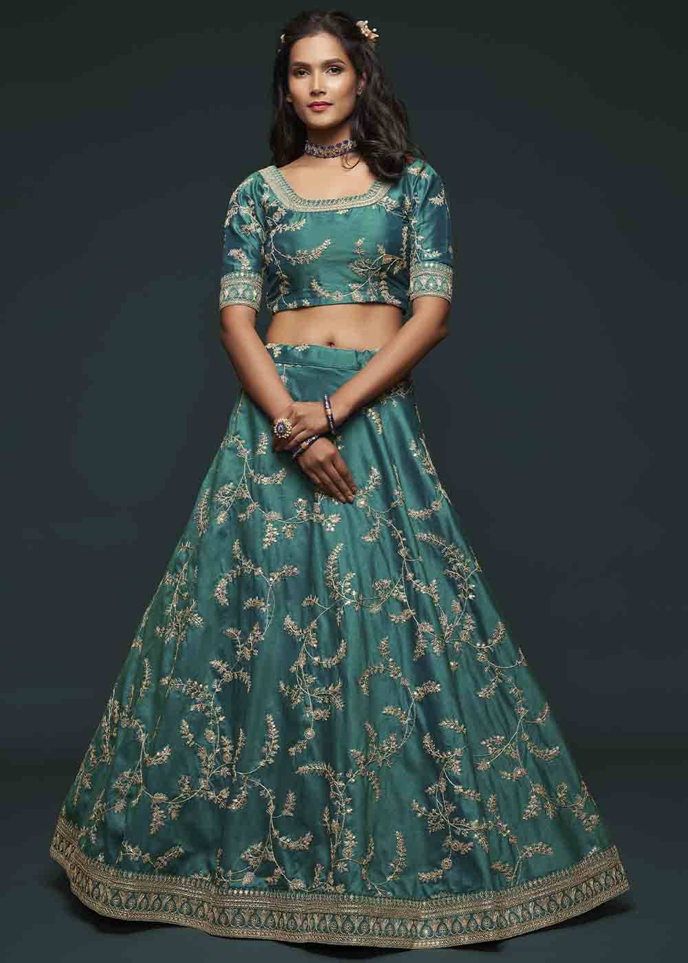 Teal Green Silk Lehenga Choli with Thread,Zari,Dori & Sequins work | Ready To Wear - qivii