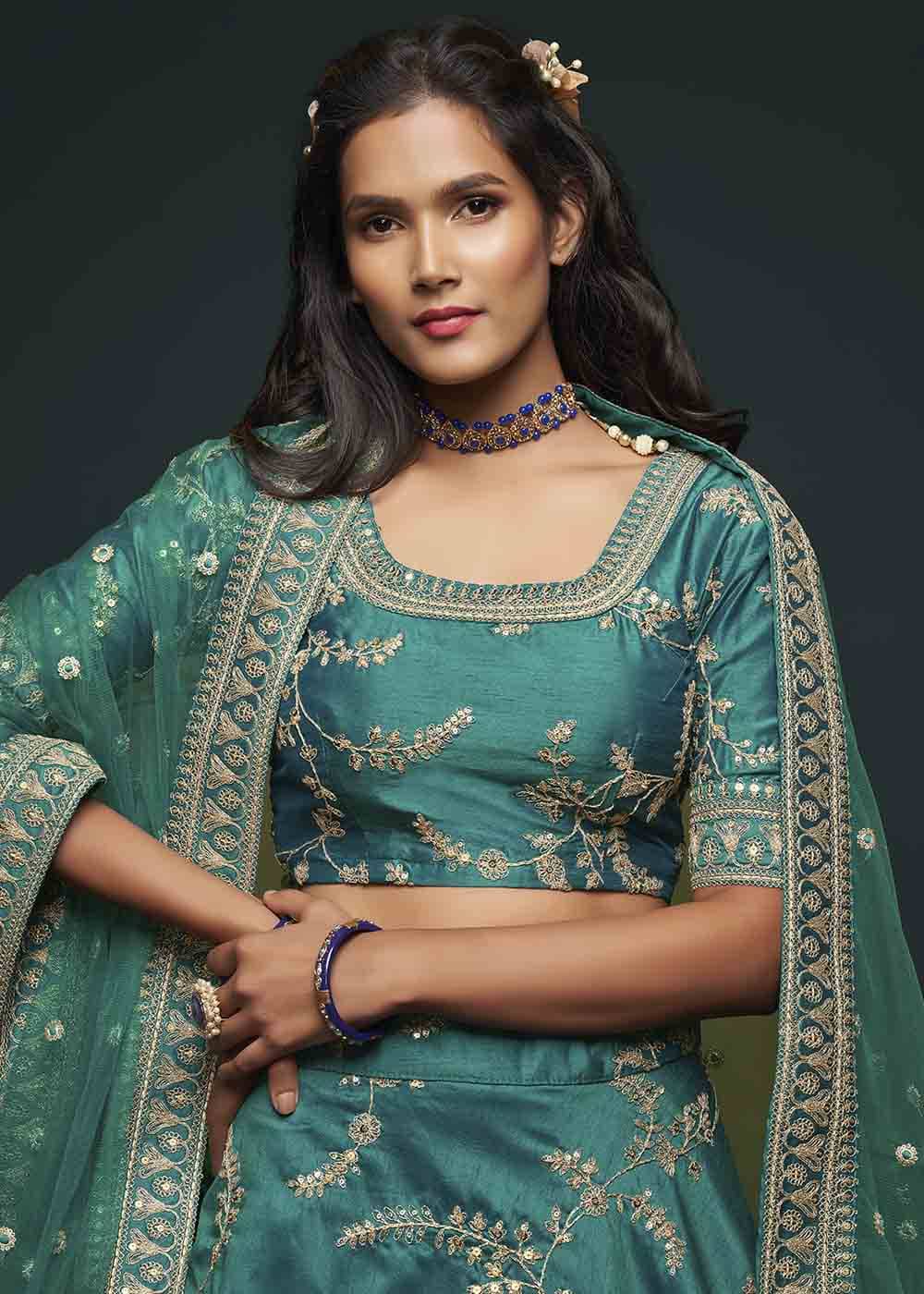 Teal Green Silk Lehenga Choli with Thread,Zari,Dori & Sequins work | Ready To Wear - qivii