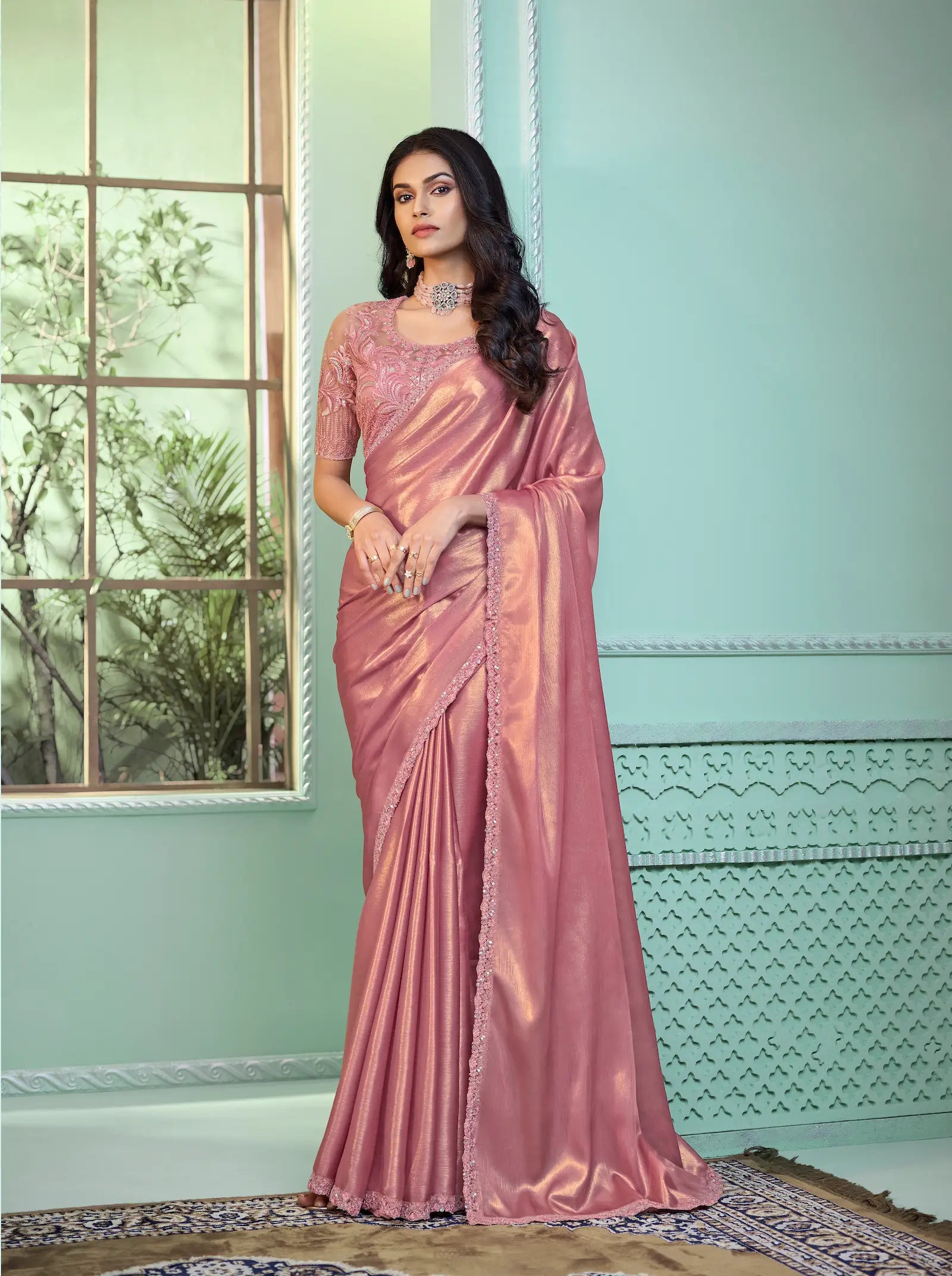 Light Pink Shimmer Georgette Party Wear Saree With Sequence & Thread Embroidery Work - qivii