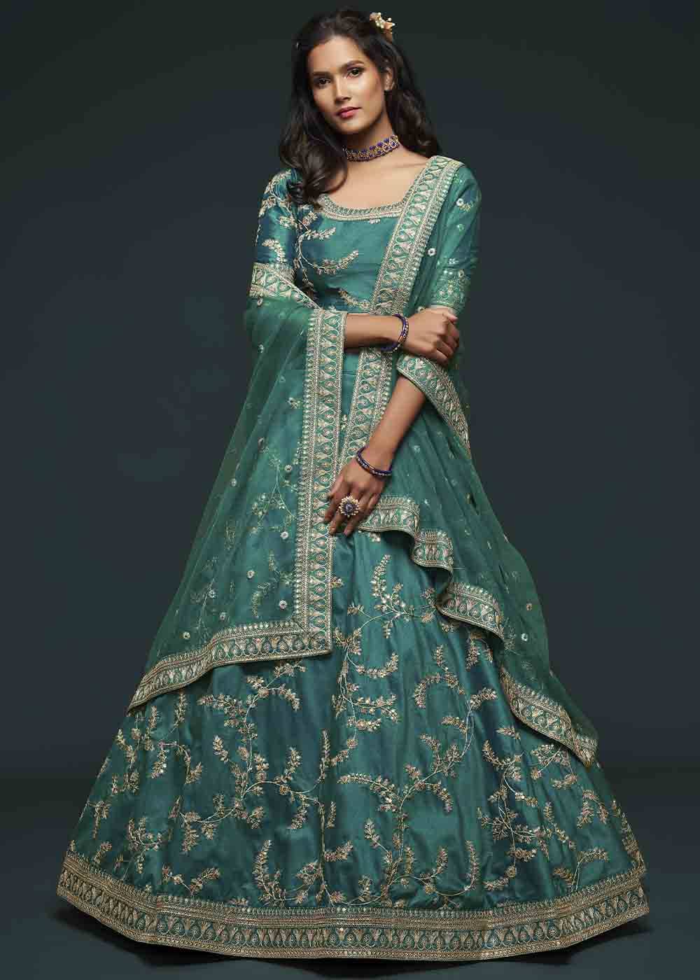 Teal Green Silk Lehenga Choli with Thread,Zari,Dori & Sequins work | Ready To Wear - qivii