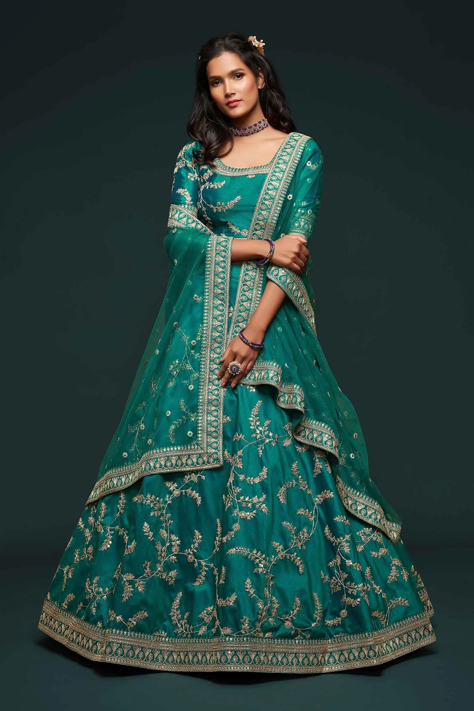 Dark Aqua Green Silk Lehenga Choli With Thread Zari Dori And Sequins Embroidery Work | Ready To Wear - qivii