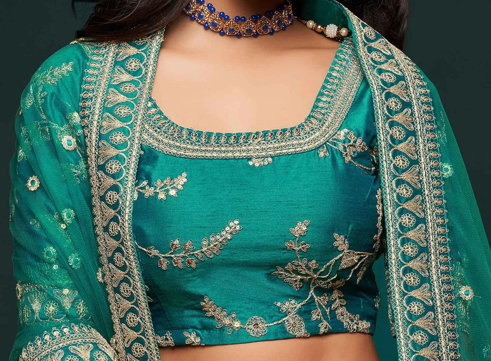 Dark Aqua Green Silk Lehenga Choli With Thread Zari Dori And Sequins Embroidery Work | Ready To Wear - qivii