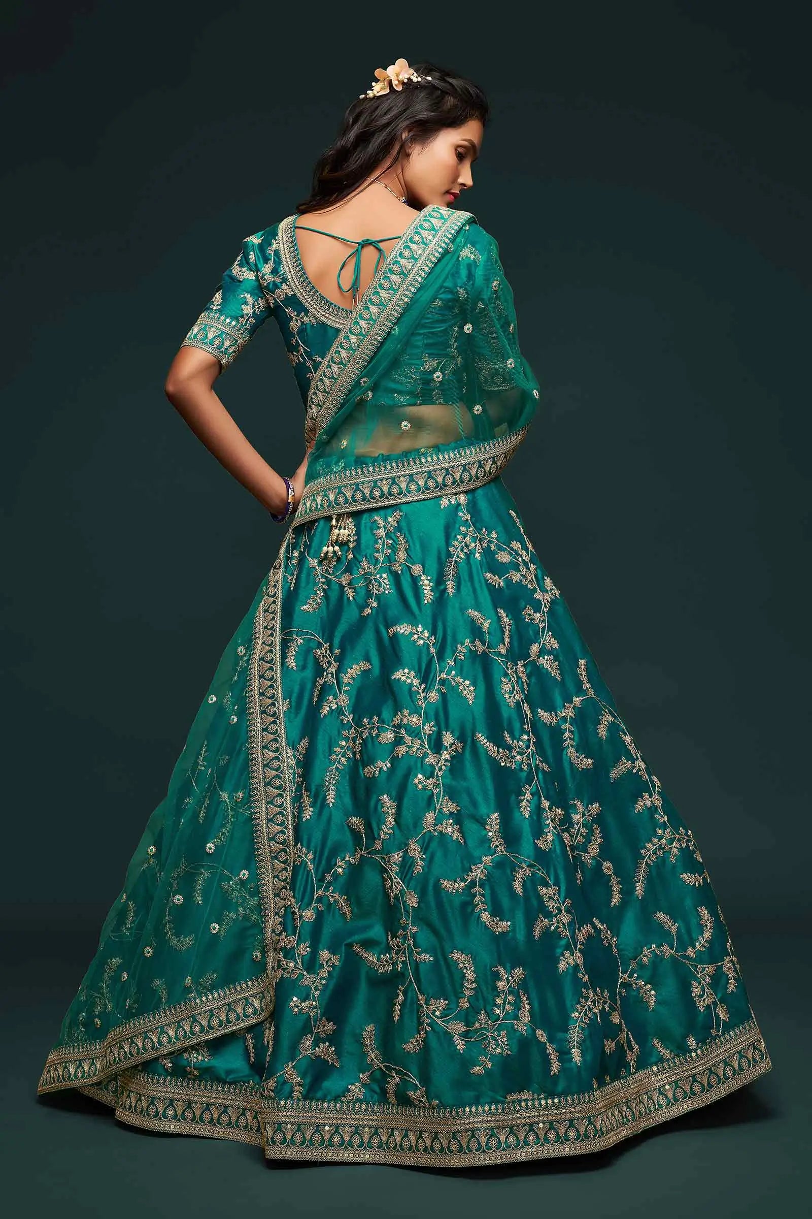 Dark Aqua Green Silk Lehenga Choli With Thread Zari Dori And Sequins Embroidery Work | Ready To Wear - qivii