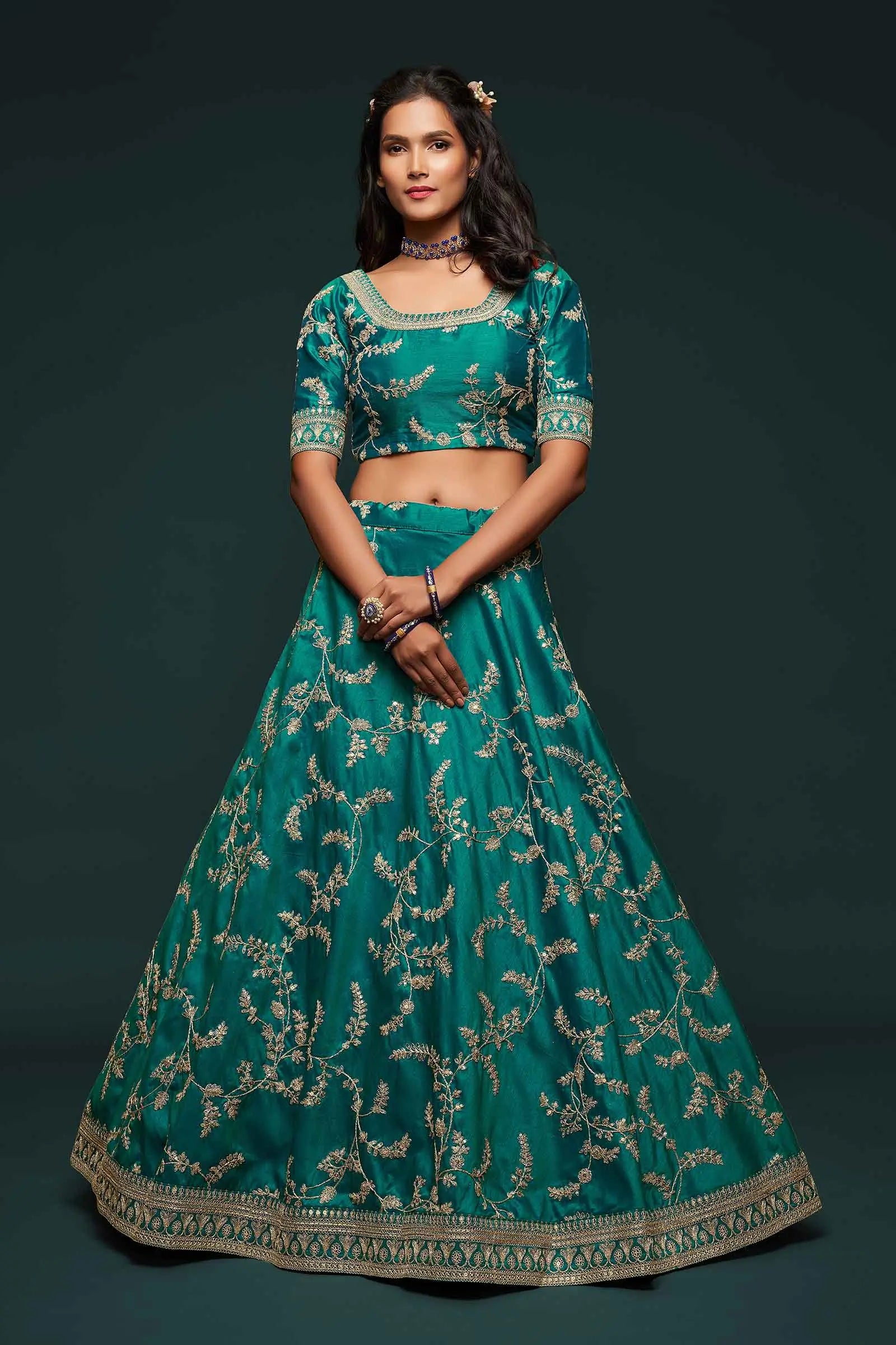 Dark Aqua Green Silk Lehenga Choli With Thread Zari Dori And Sequins Embroidery Work | Ready To Wear - qivii