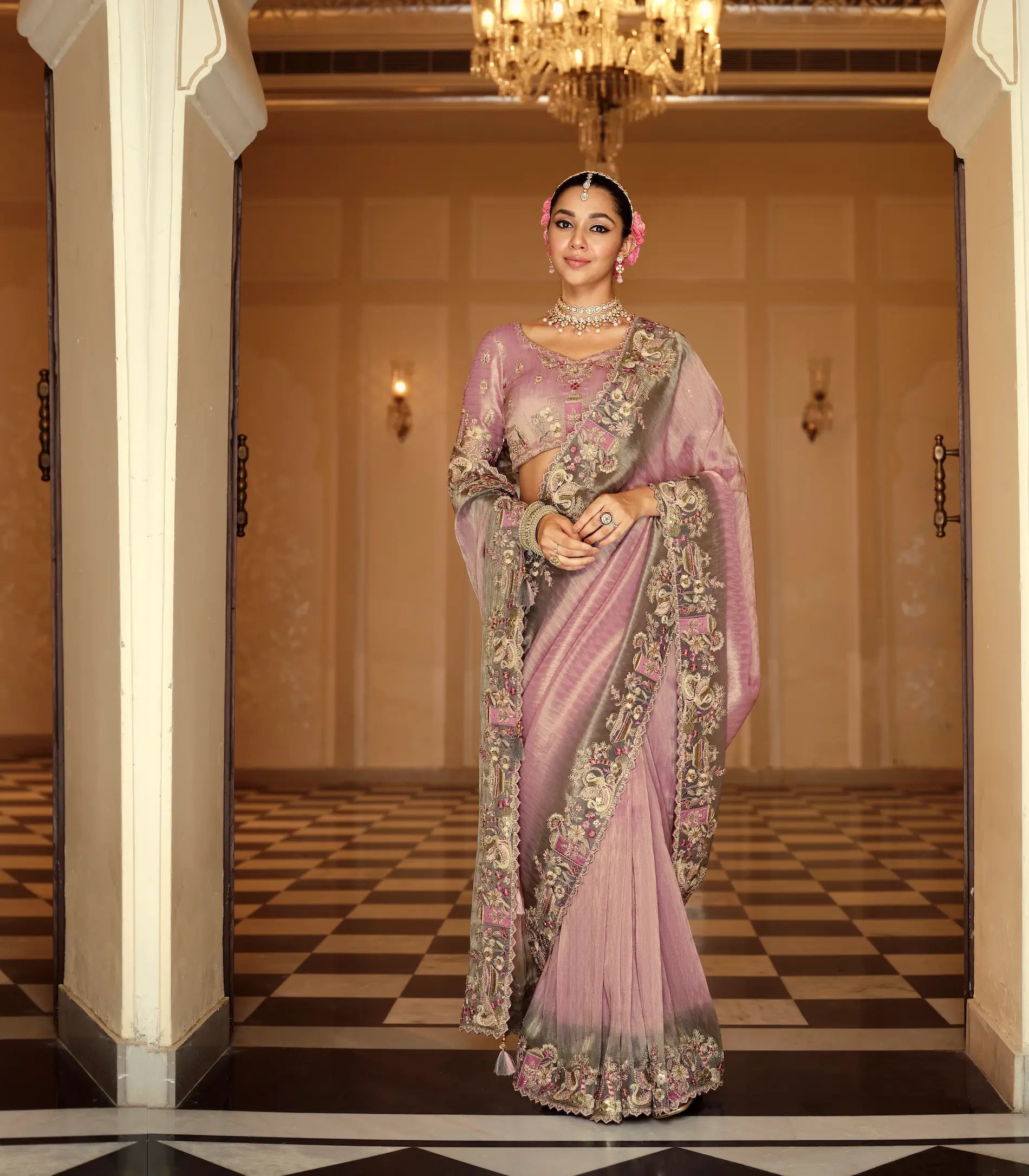 Old Pink Jacquard Silk Embroidery & Hand Work Saree - qivii