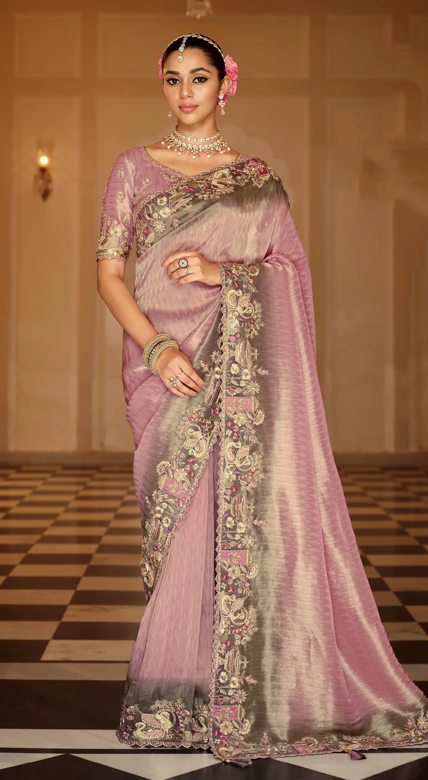 Old Pink Jacquard Silk Embroidery & Hand Work Saree - qivii
