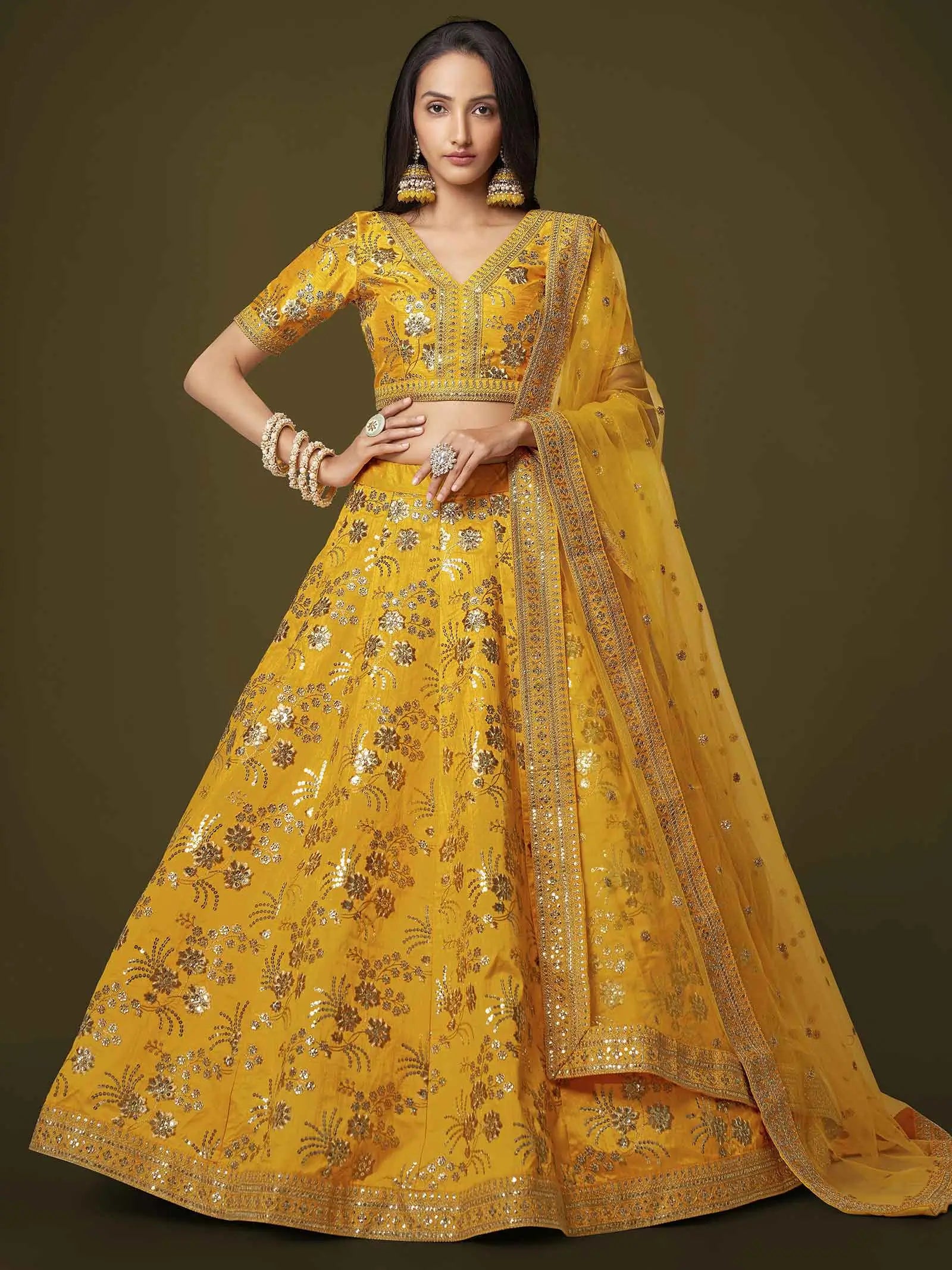 Yellow Silk Lehenga With Zari Sequins And Dori Embroidery Work | Ready To Wear - qivii