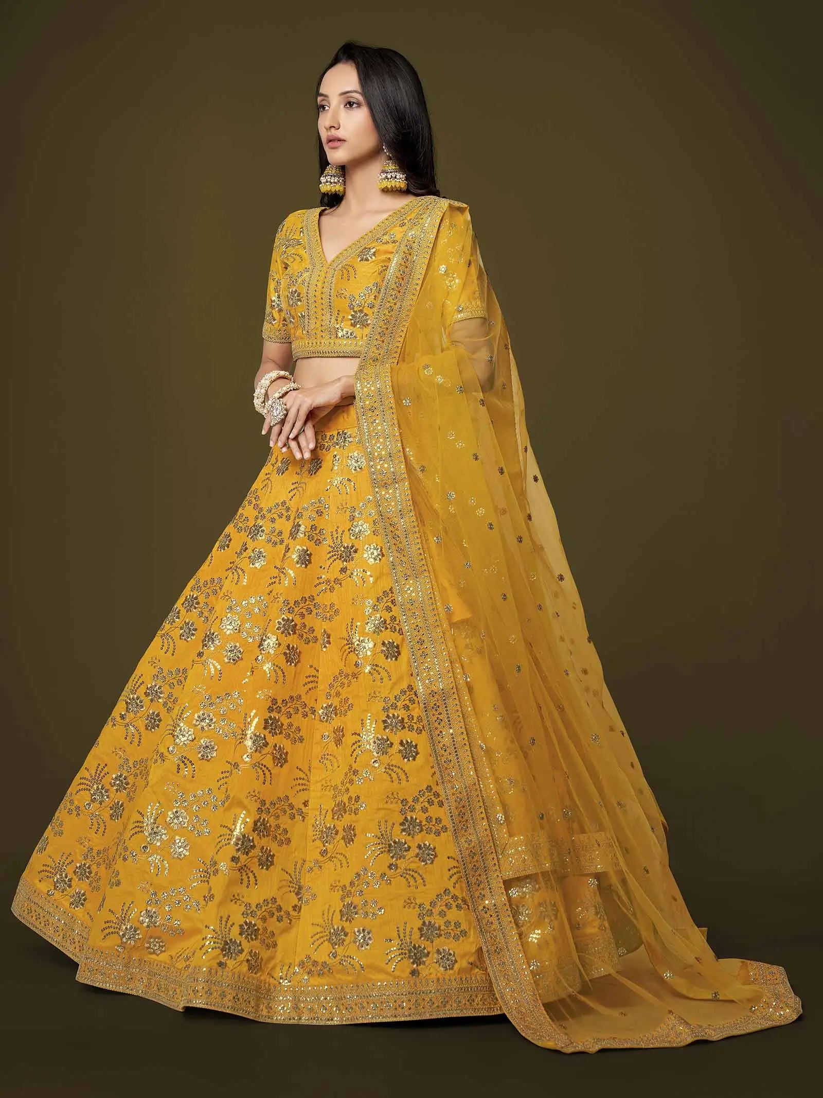 Yellow Silk Lehenga With Zari Sequins And Dori Embroidery Work | Ready To Wear - qivii