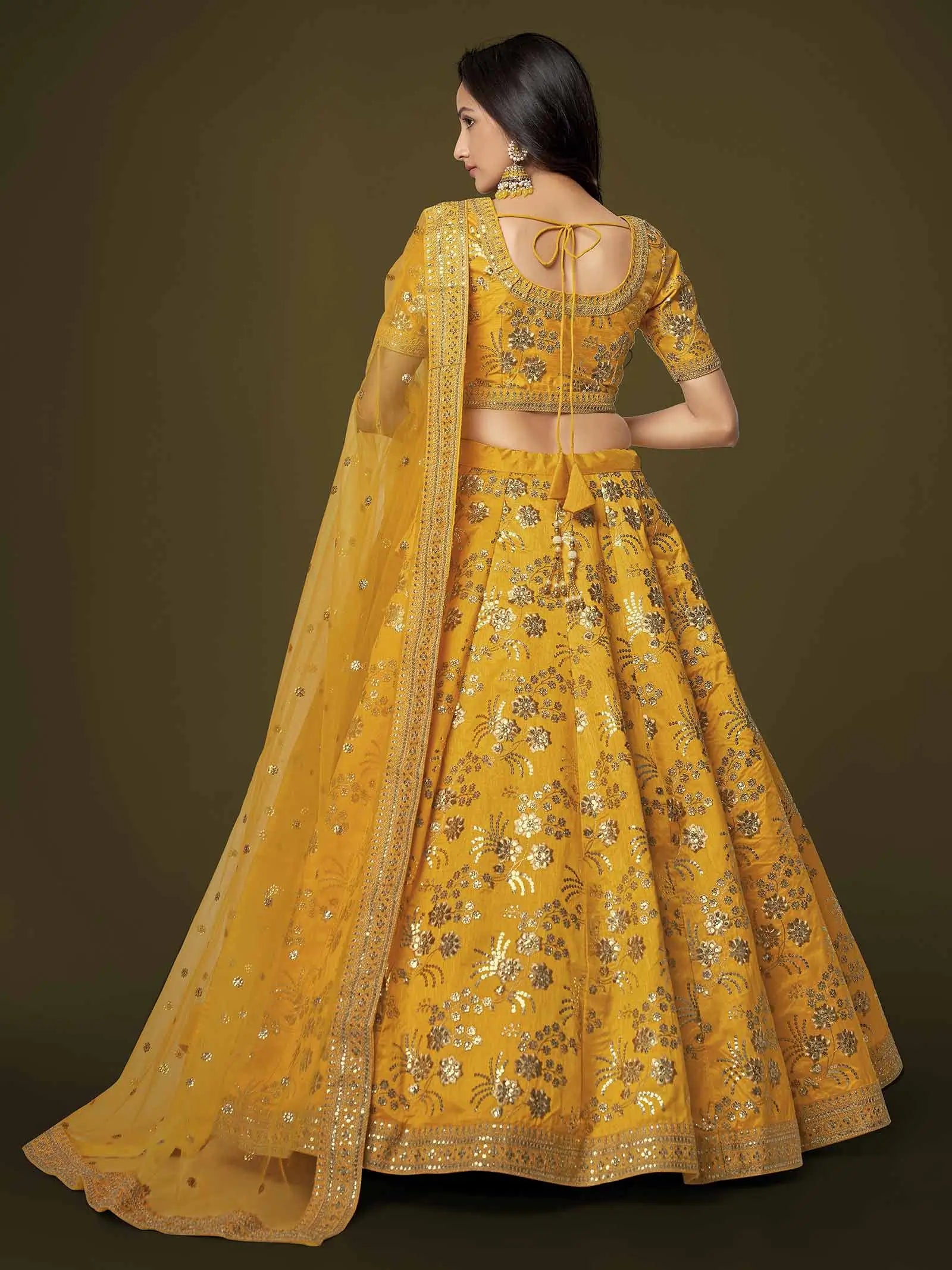 Yellow Silk Lehenga With Zari Sequins And Dori Embroidery Work | Ready To Wear - qivii