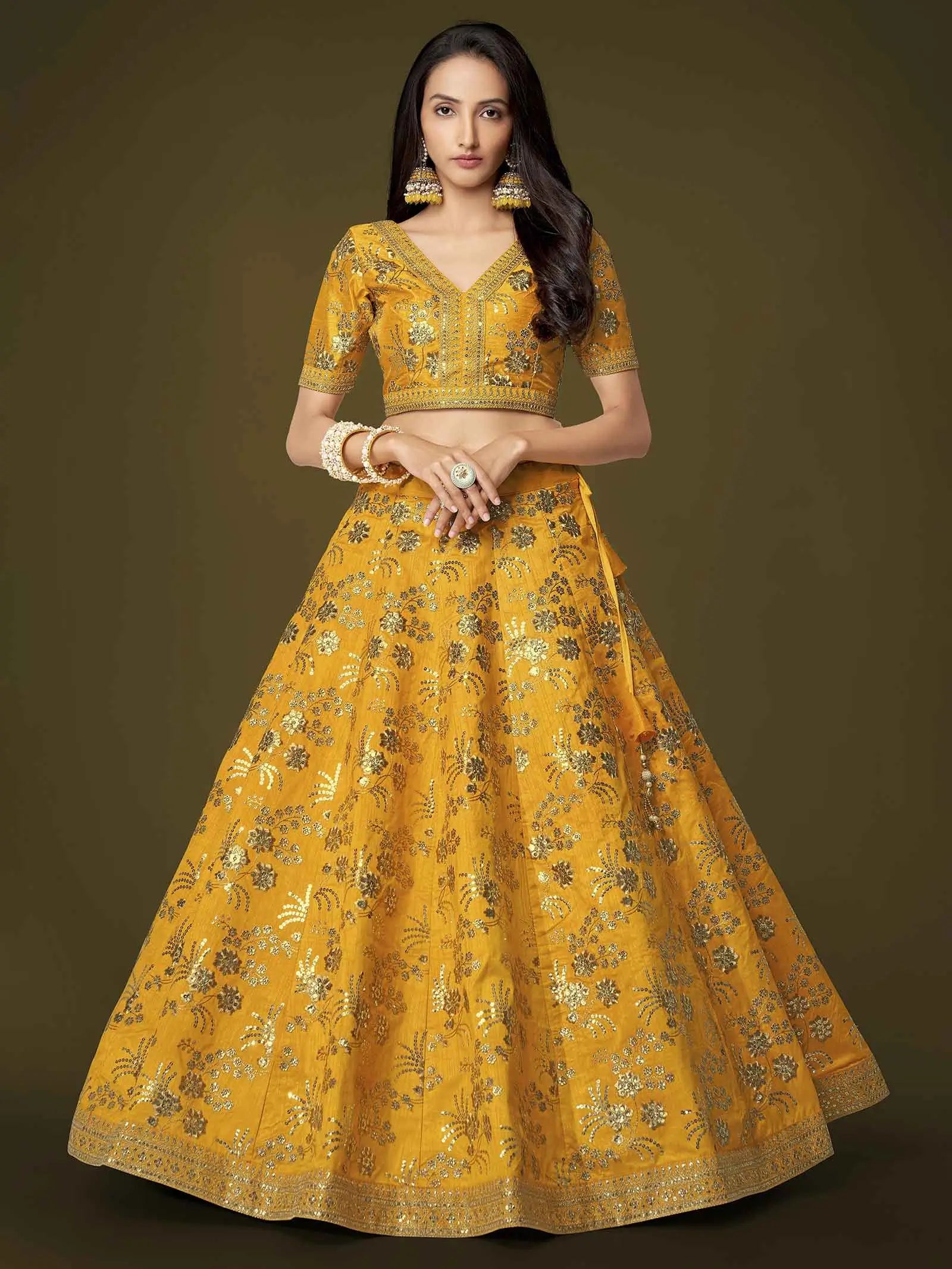 Yellow Silk Lehenga With Zari Sequins And Dori Embroidery Work | Ready To Wear - qivii