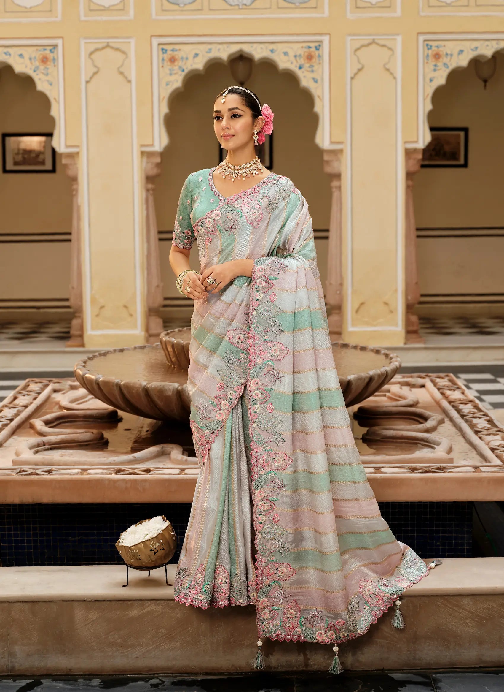 Multicolor Jacquard Silk Embroidery & Hand Work Saree - qivii