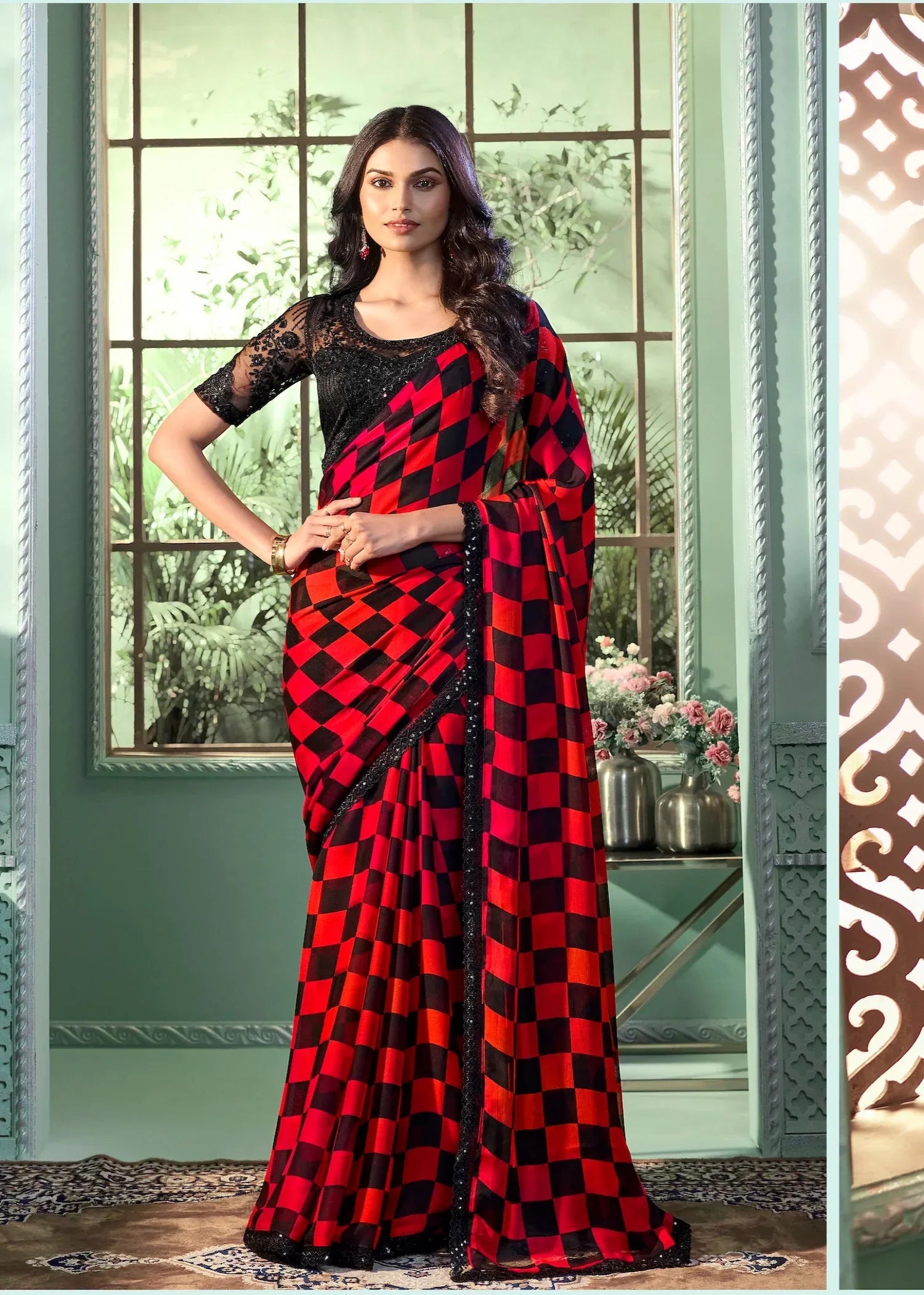 Red-Black Chiffon Party Wear Saree With Sequence & Thread Embroidery Work - qivii