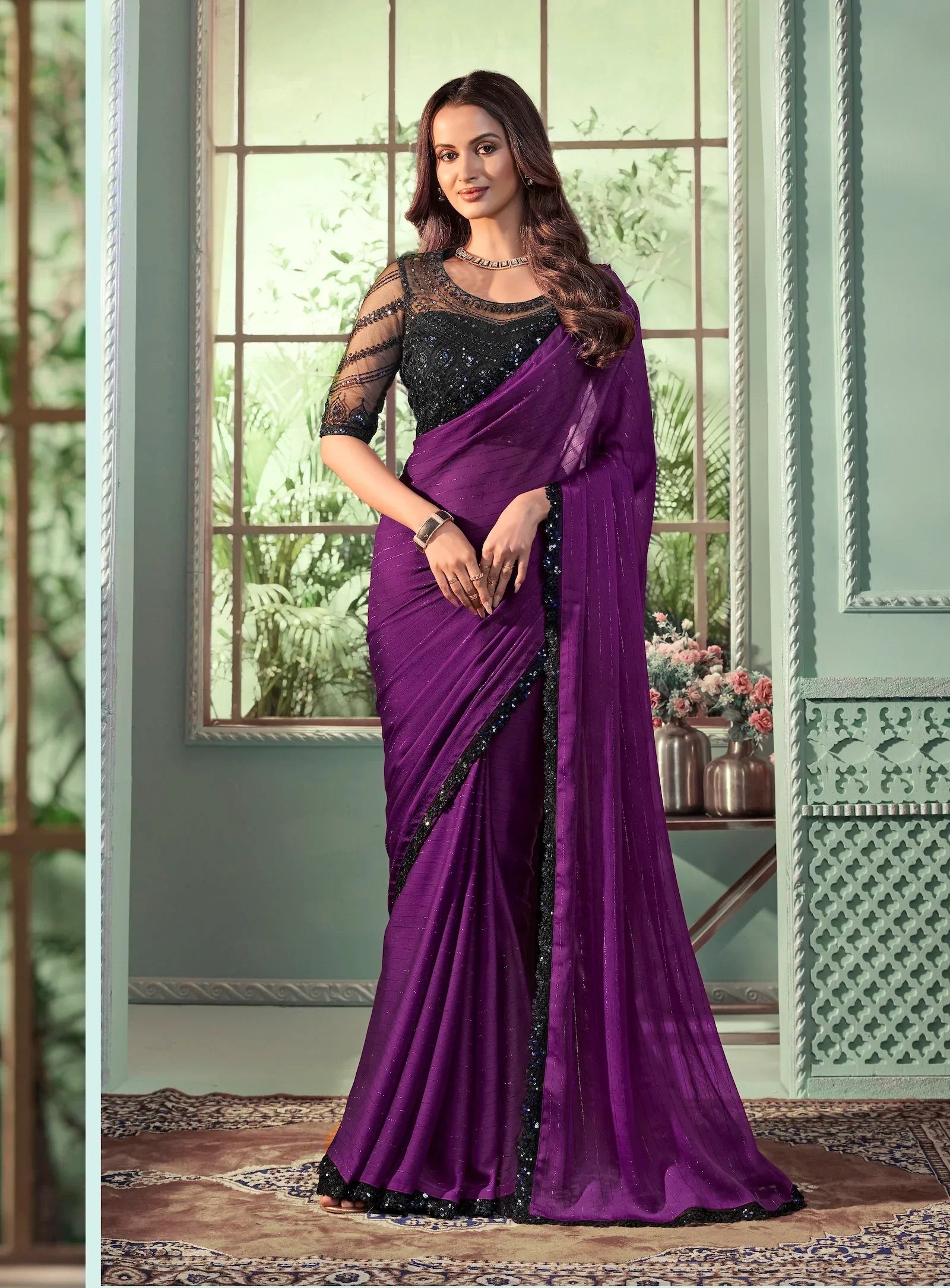 Purple Georgette Silk Party Wear Saree With Sequence & Thread Embroidery Work - qivii