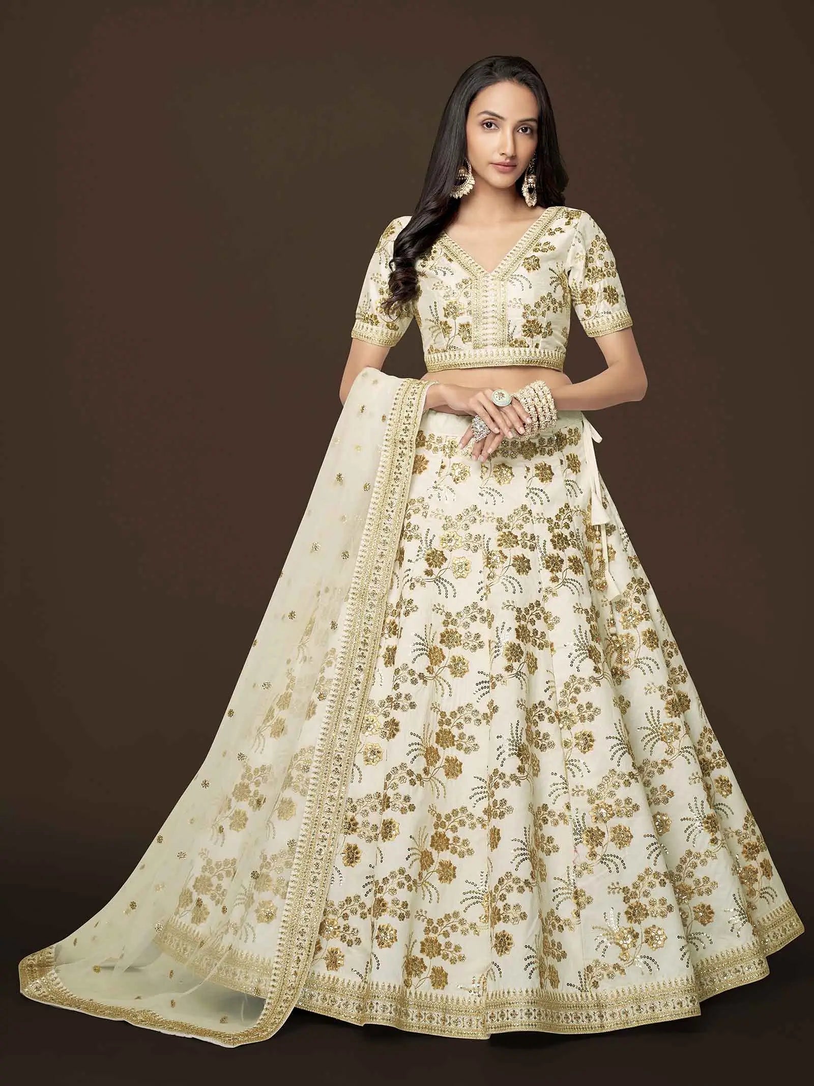 White Silk Lehenga With Zari Sequins And Dori Embroidery Work | Ready To Wear - qivii