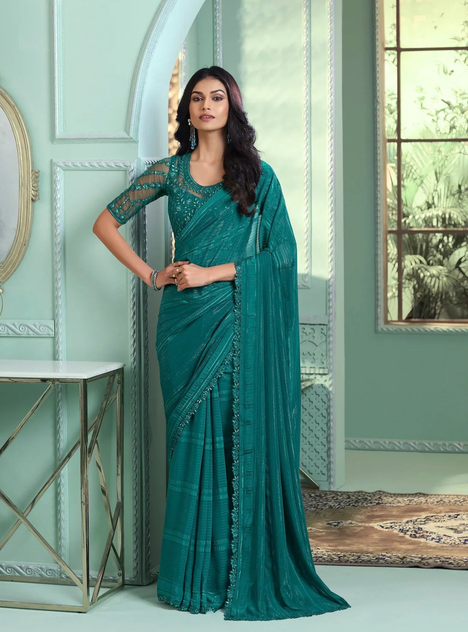 Teal Green Rainbow Chiffon Party Wear Saree With Sequence & Thread Embroidery Work - qivii
