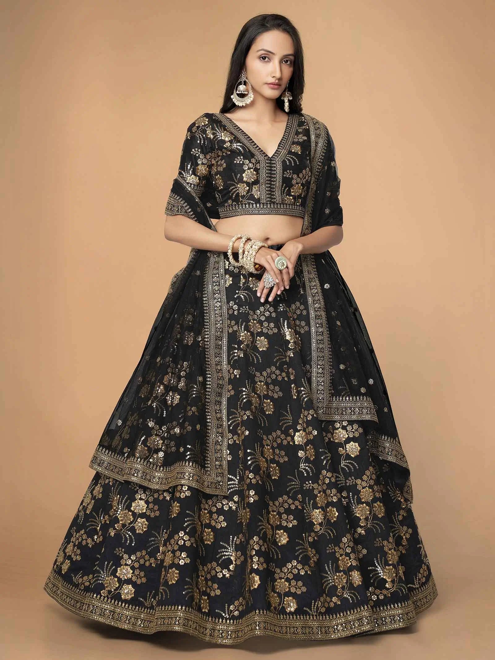 Black Silk Lehenga With Zari Sequins And Dori Embroidery Work | Ready To Wear - qivii