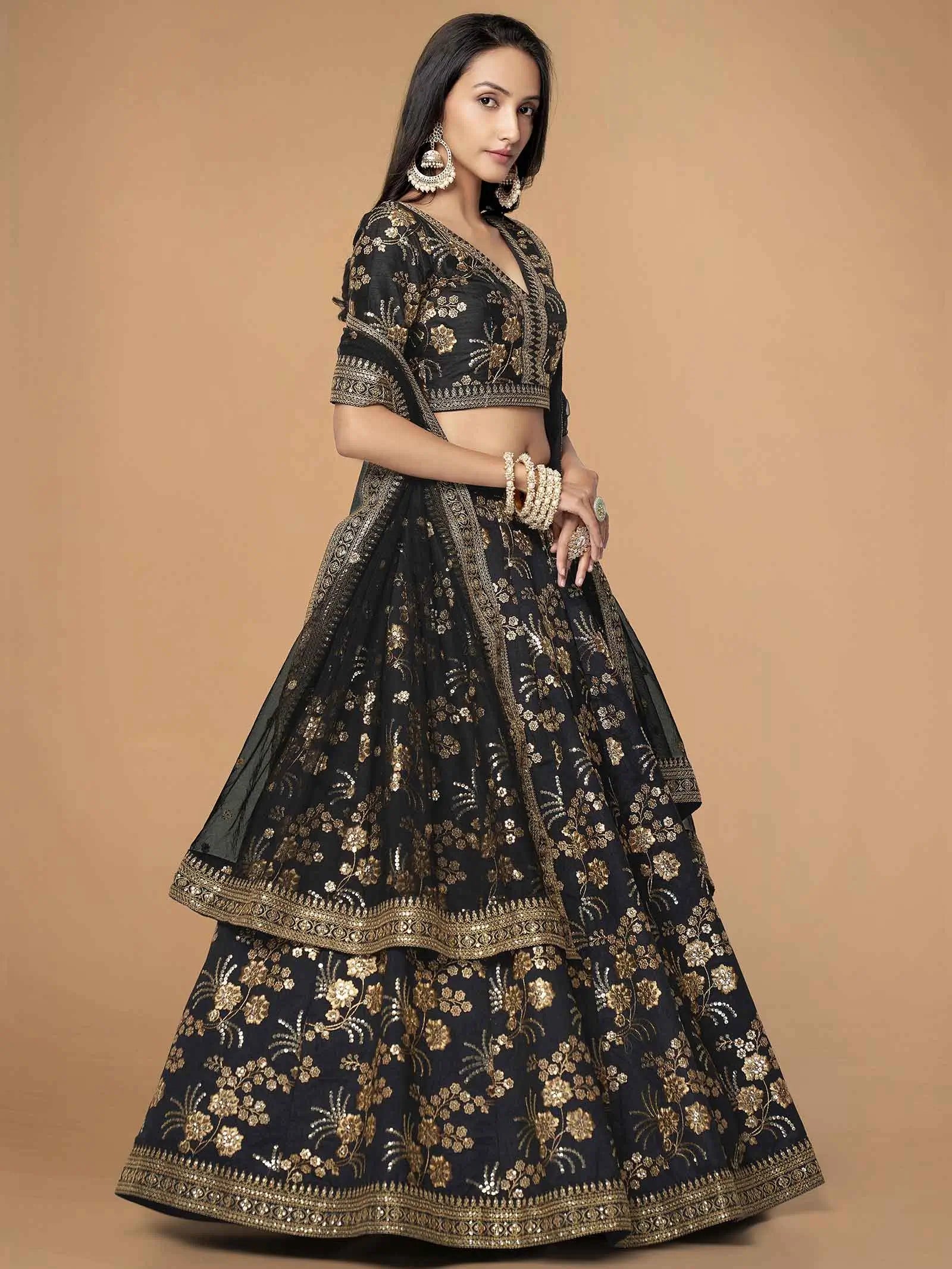 Black Silk Lehenga With Zari Sequins And Dori Embroidery Work | Ready To Wear - qivii