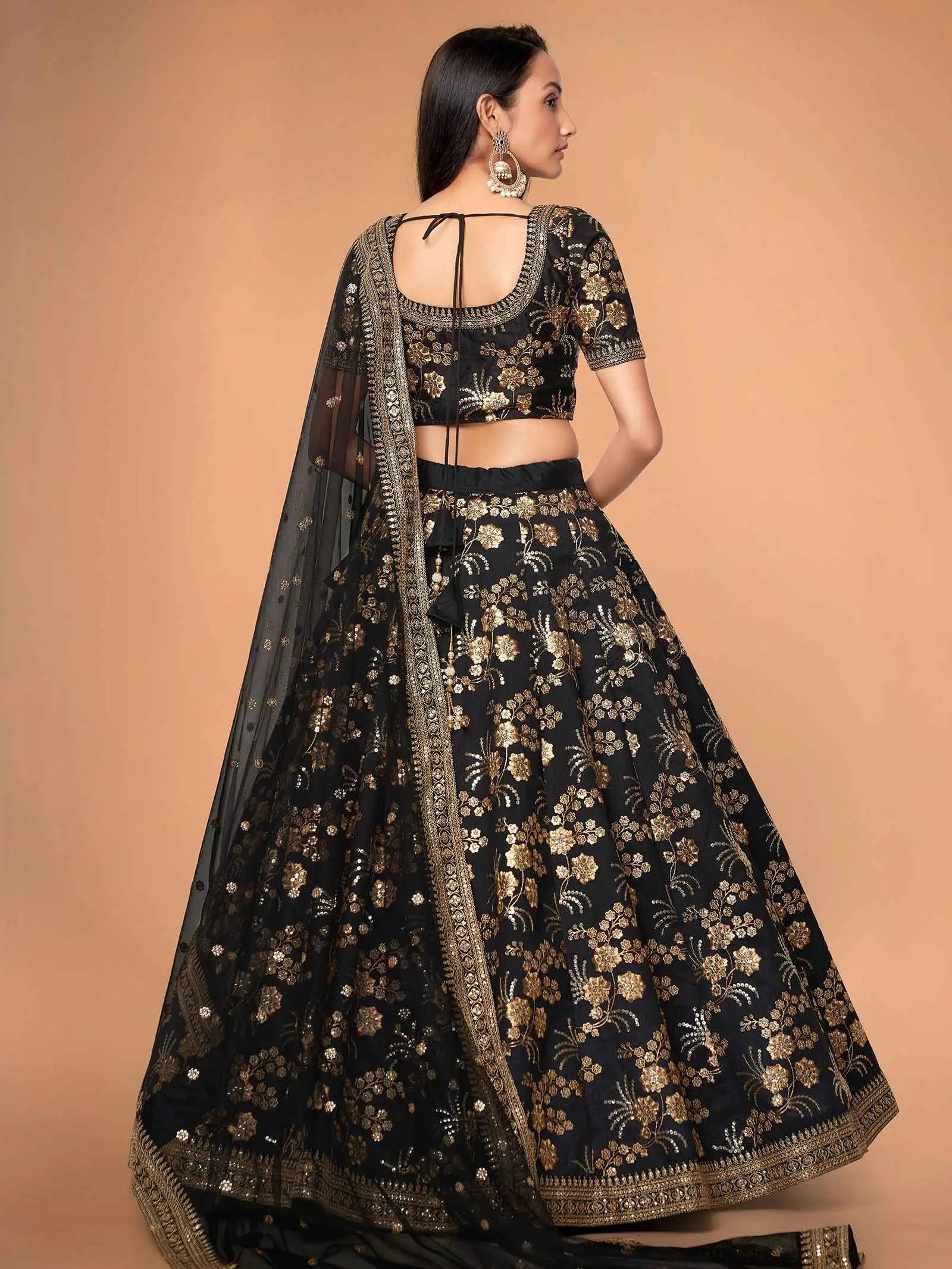 Black Silk Lehenga With Zari Sequins And Dori Embroidery Work | Ready To Wear - qivii