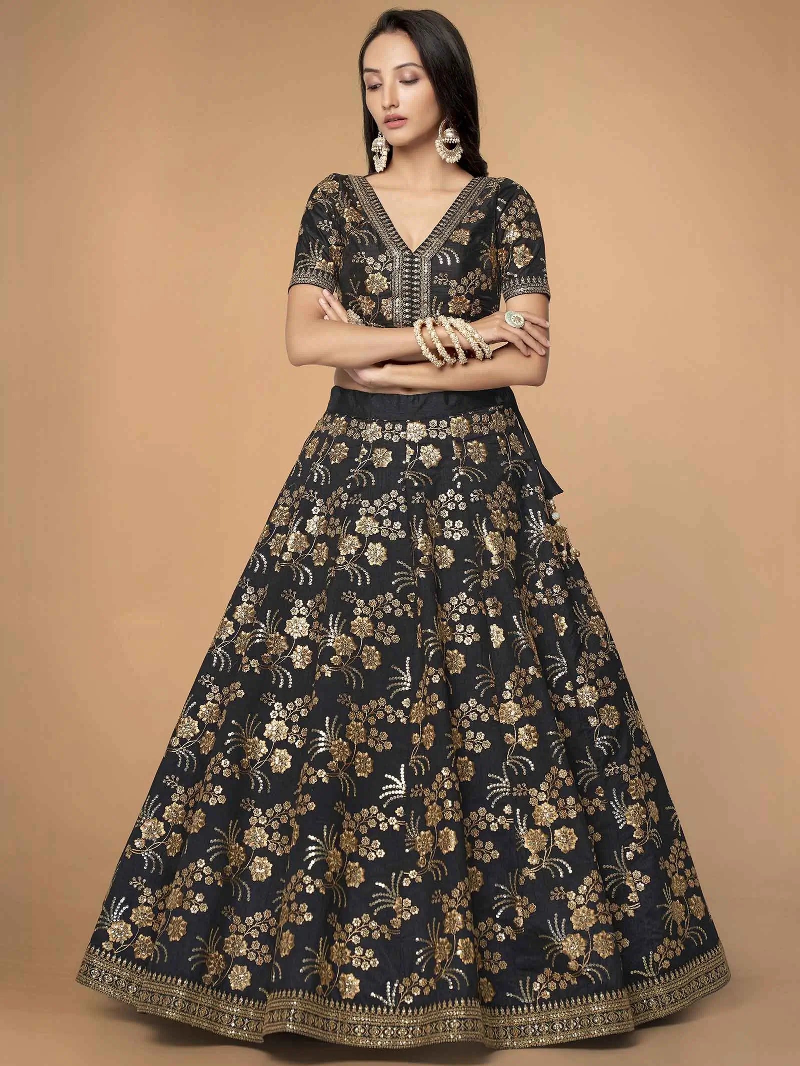 Black Silk Lehenga With Zari Sequins And Dori Embroidery Work | Ready To Wear - qivii
