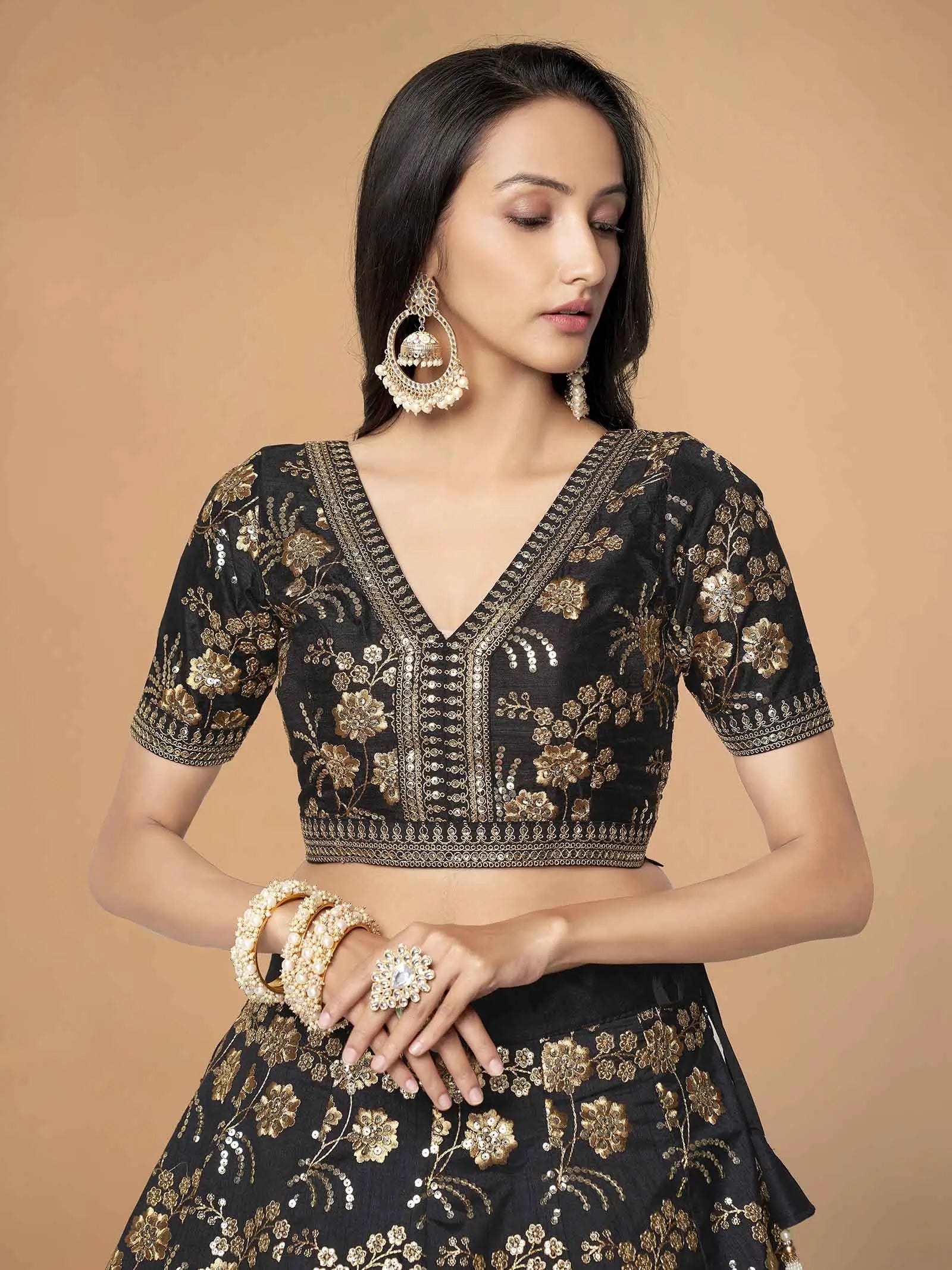 Black Silk Lehenga With Zari Sequins And Dori Embroidery Work | Ready To Wear - qivii