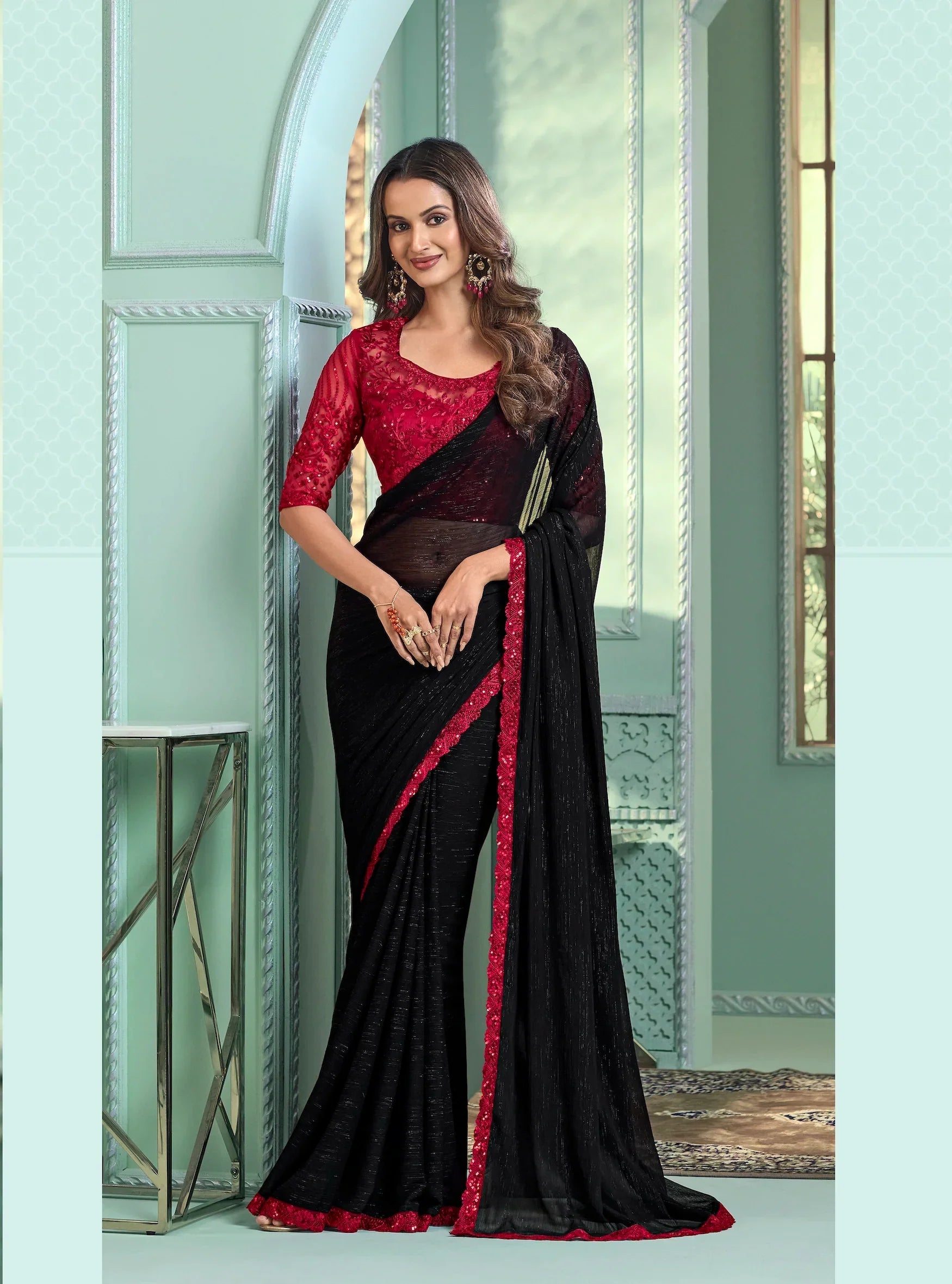 Black Chiffon Party Wear Saree With Sequence & Thread Embroidery Work - qivii