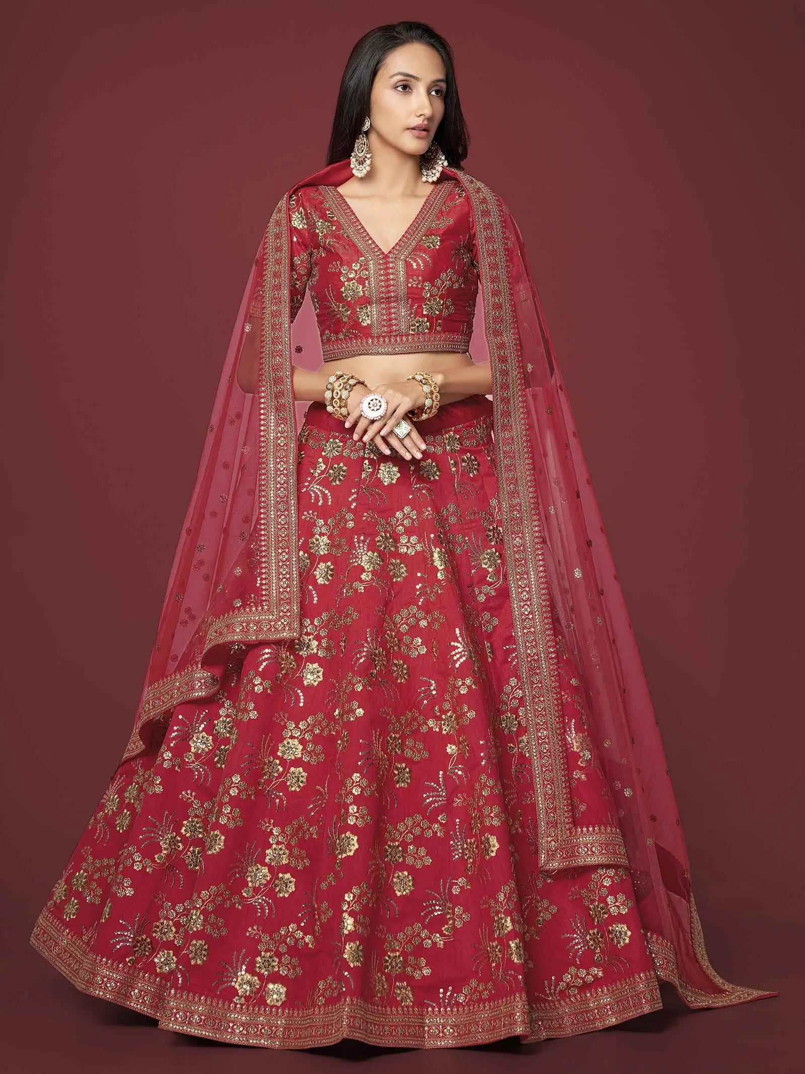 Red Silk Lehenga With Zari Sequins And Dori Embroidery Work | Ready To Wear - qivii