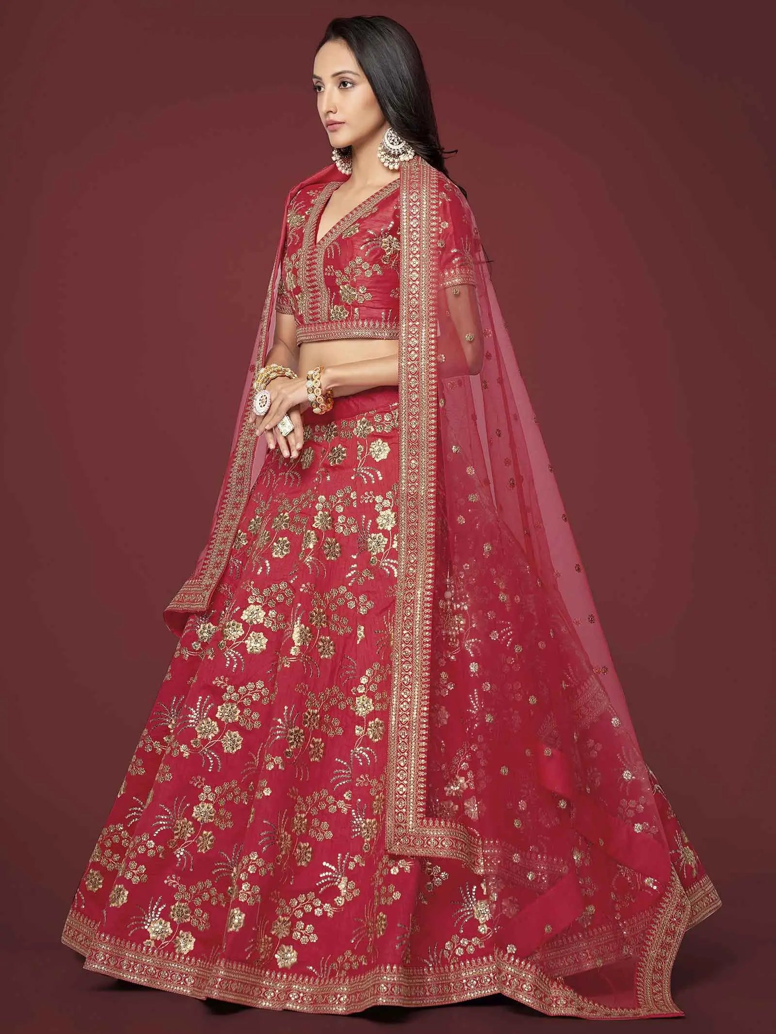 Red Silk Lehenga With Zari Sequins And Dori Embroidery Work | Ready To Wear - qivii