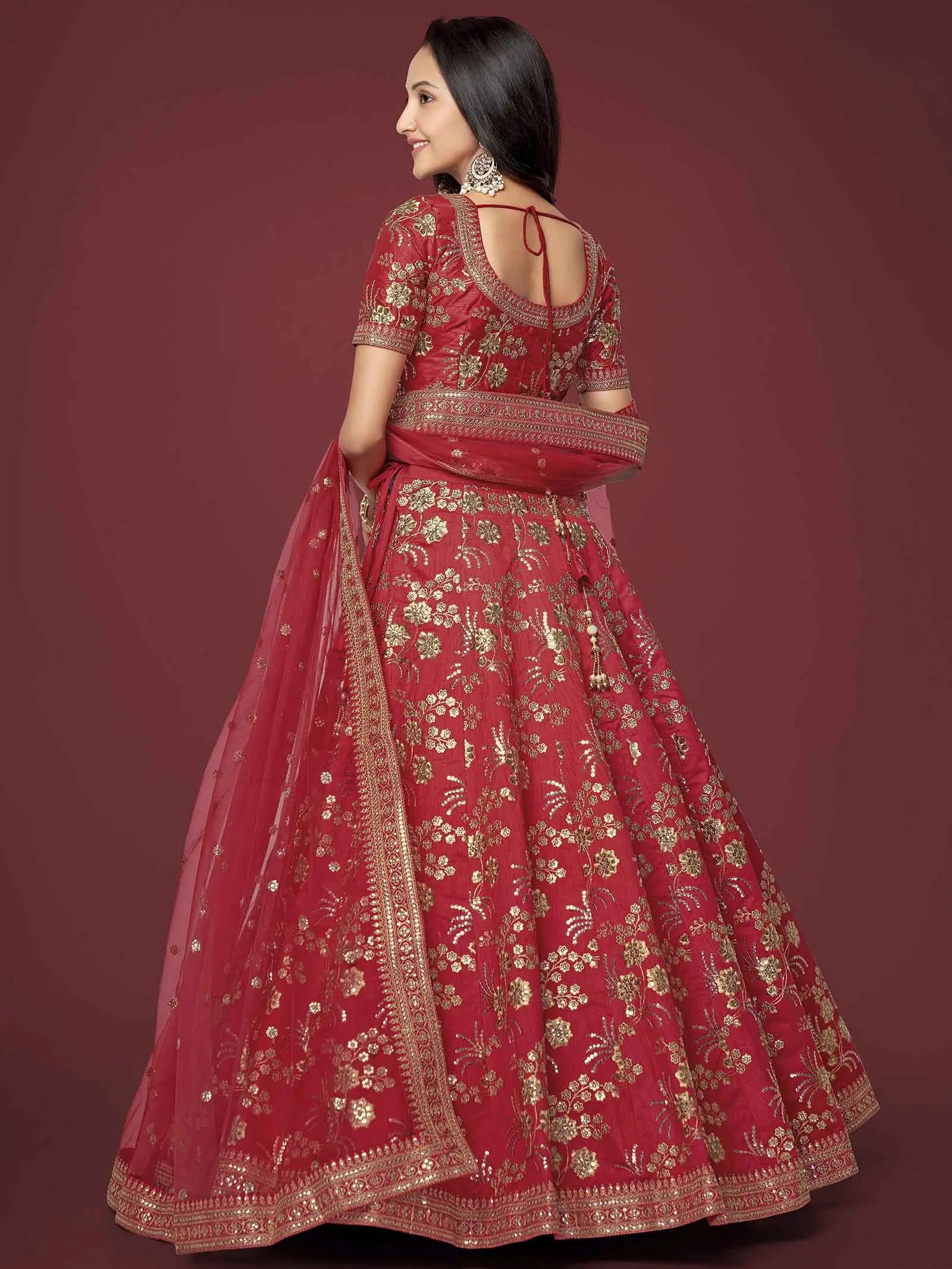 Red Silk Lehenga With Zari Sequins And Dori Embroidery Work | Ready To Wear - qivii