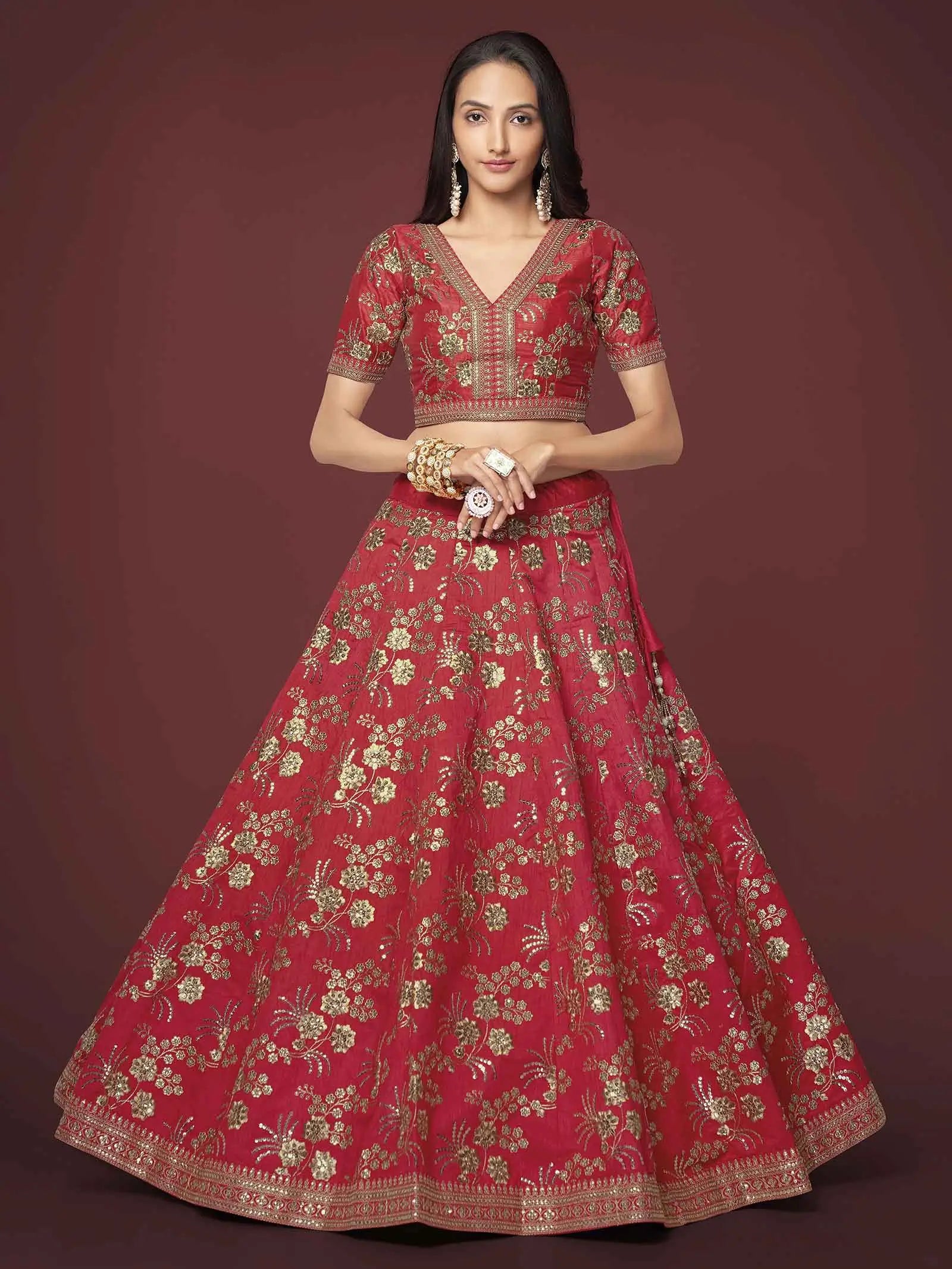 Red Silk Lehenga With Zari Sequins And Dori Embroidery Work | Ready To Wear - qivii