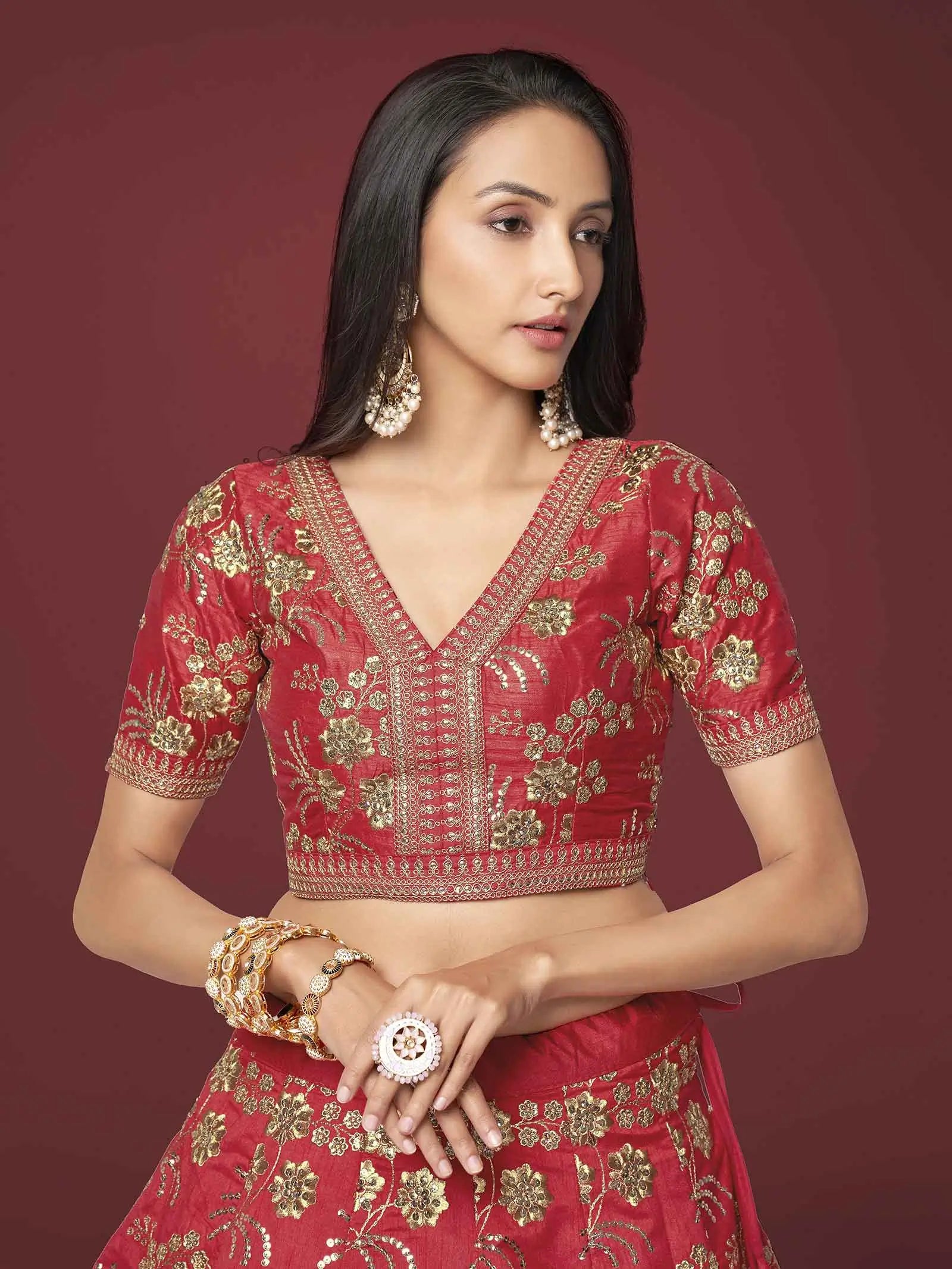 Red Silk Lehenga With Zari Sequins And Dori Embroidery Work | Ready To Wear - qivii