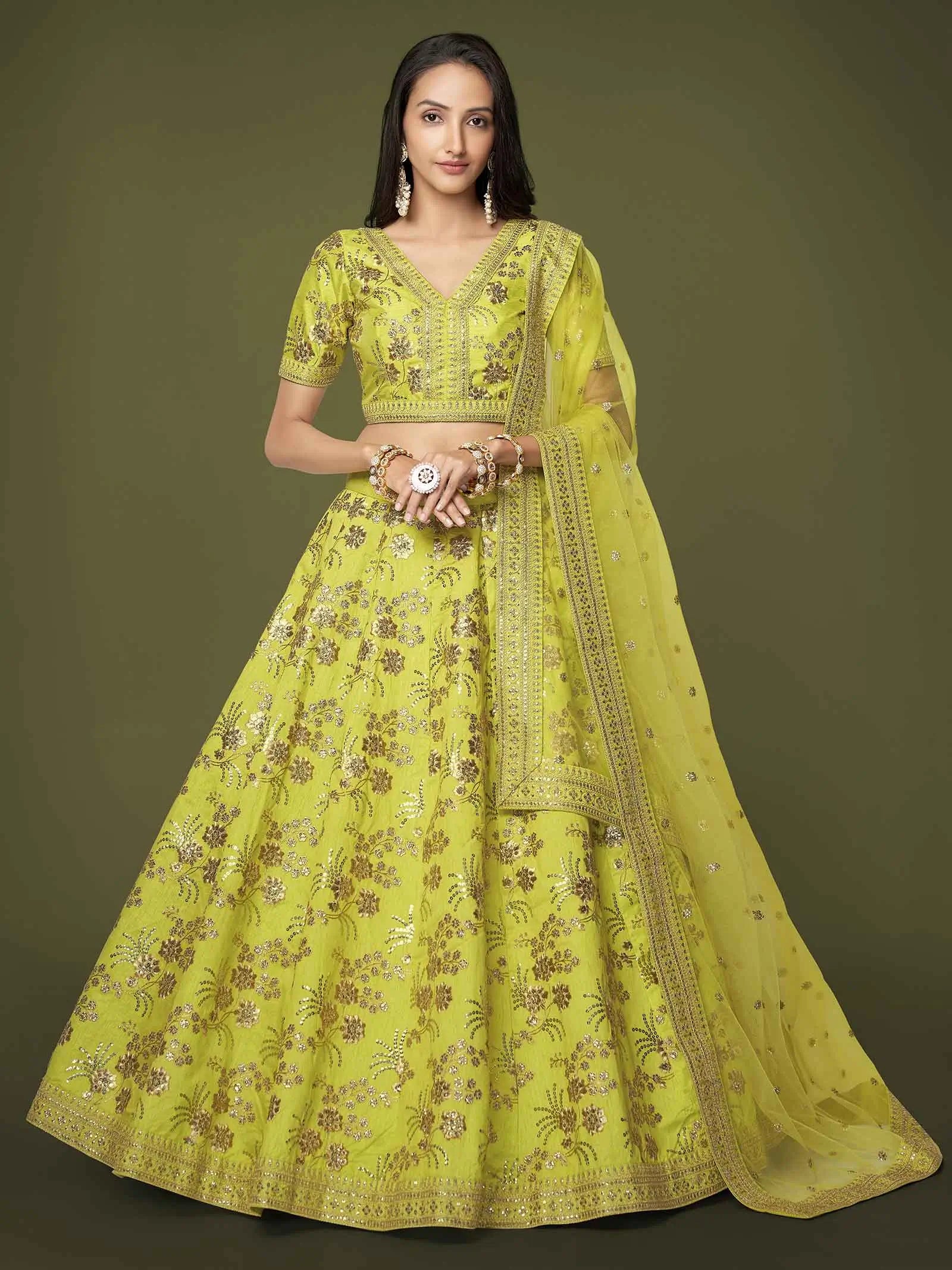 Neon Silk Lehenga With Zari Sequins And Dori Embroidery Work | Ready To Wear - qivii