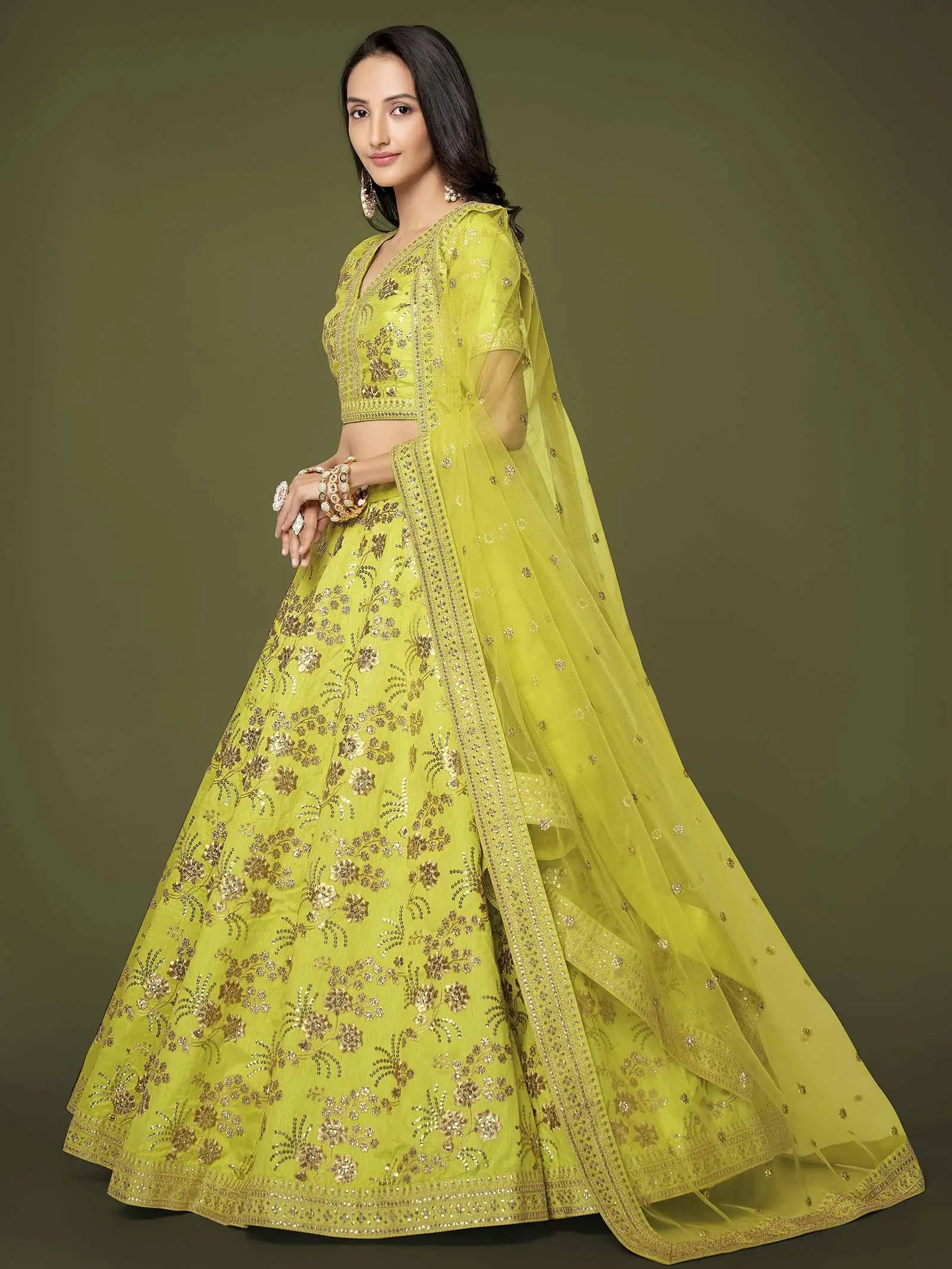 Neon Silk Lehenga With Zari Sequins And Dori Embroidery Work | Ready To Wear - qivii