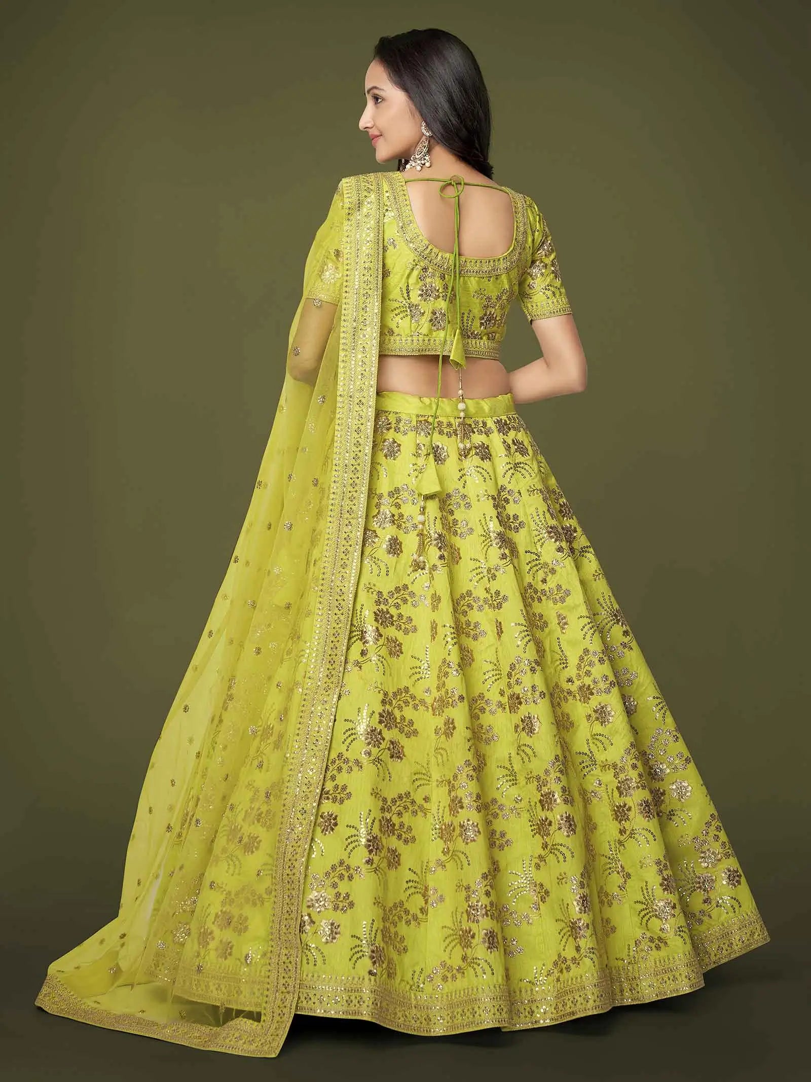 Neon Silk Lehenga With Zari Sequins And Dori Embroidery Work | Ready To Wear - qivii
