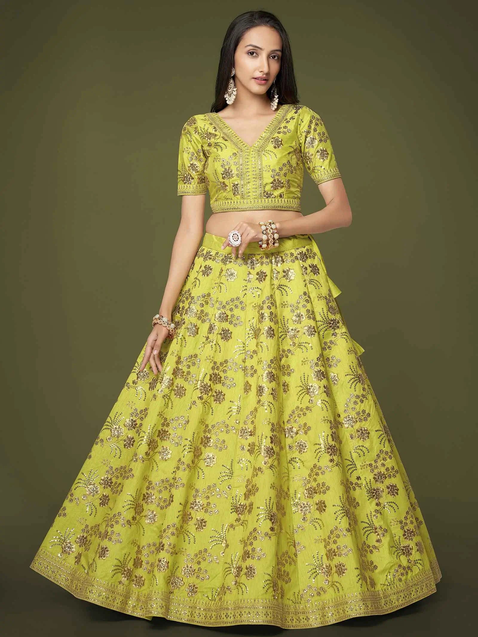 Neon Silk Lehenga With Zari Sequins And Dori Embroidery Work | Ready To Wear - qivii