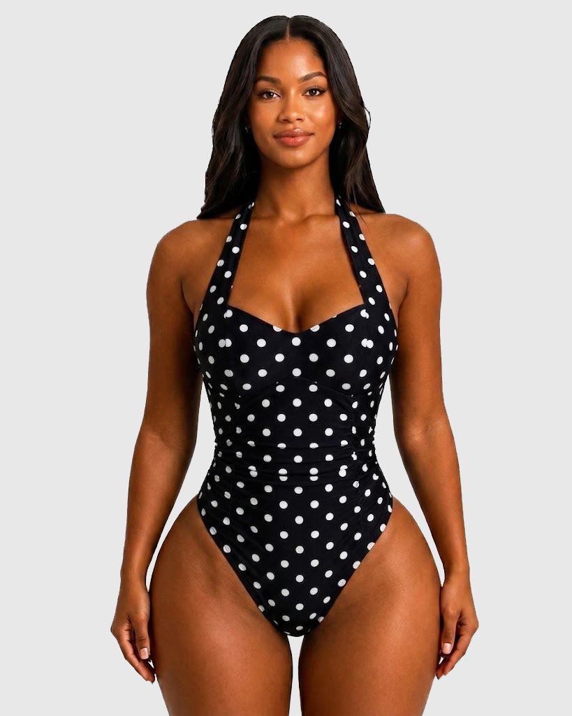 Polka Dot Halter Sweetheart Neck Ruched Back Bow Tie High Leg One-piece Swimsuit - By Qivii