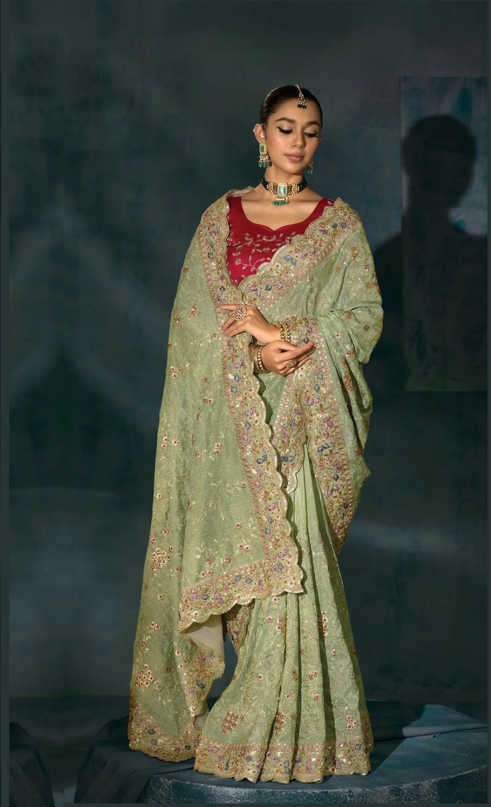 Pastel Green Heavy Embroidery & Hand Work Silk Saree - qivii